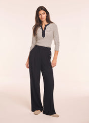 Striped Cotton Blend Ruched Henley Top