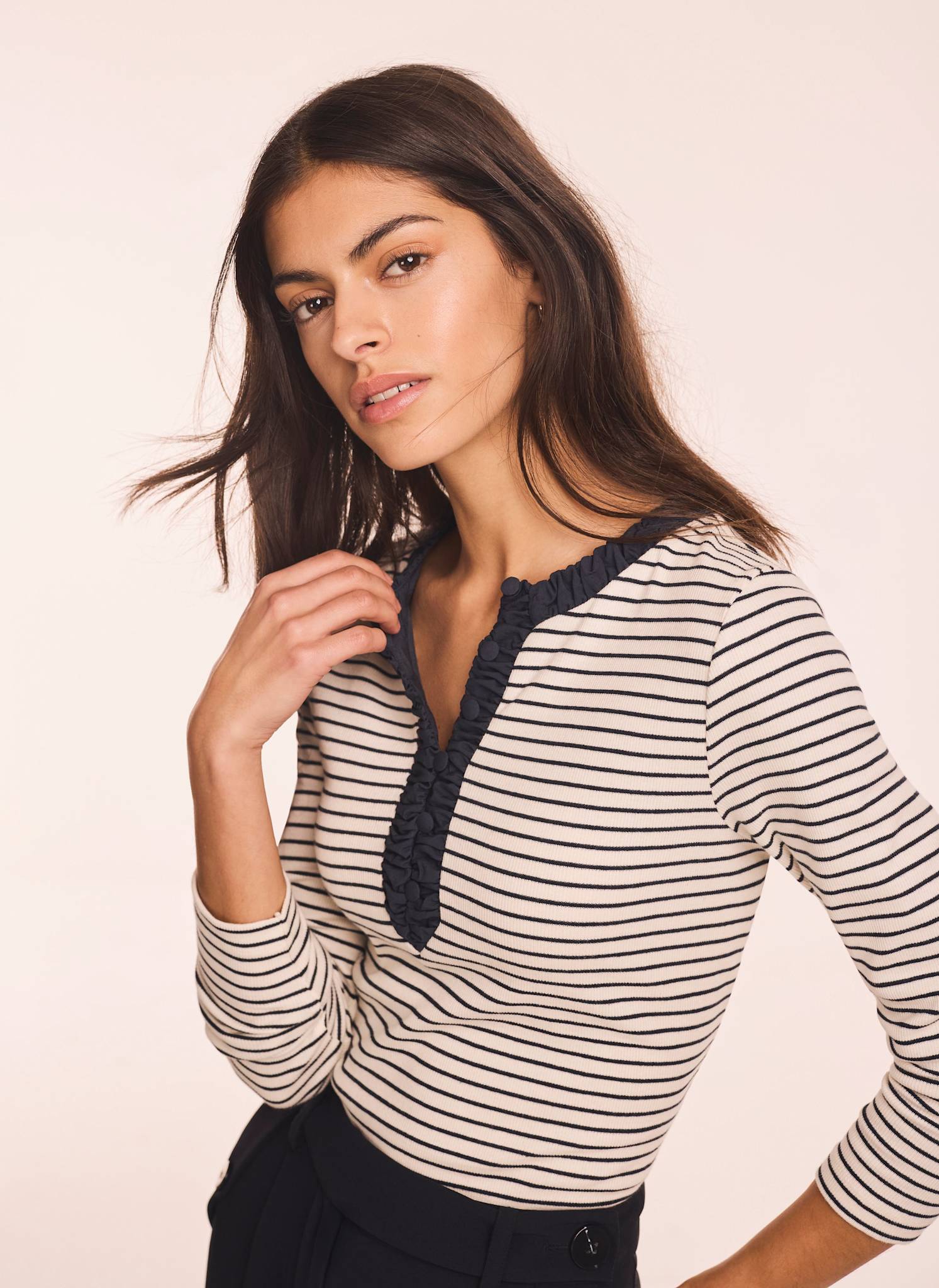 Striped Cotton Blend Ruched Henley Top