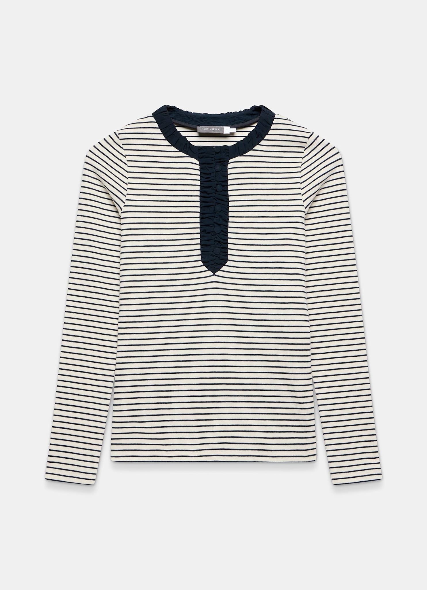 Striped Cotton Blend Ruched Henley Top