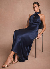 Navy Satin Halter Maxi Dress