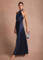 Navy Satin Halter Maxi Dress
