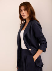 Navy Ramie Single Breasted Blazer