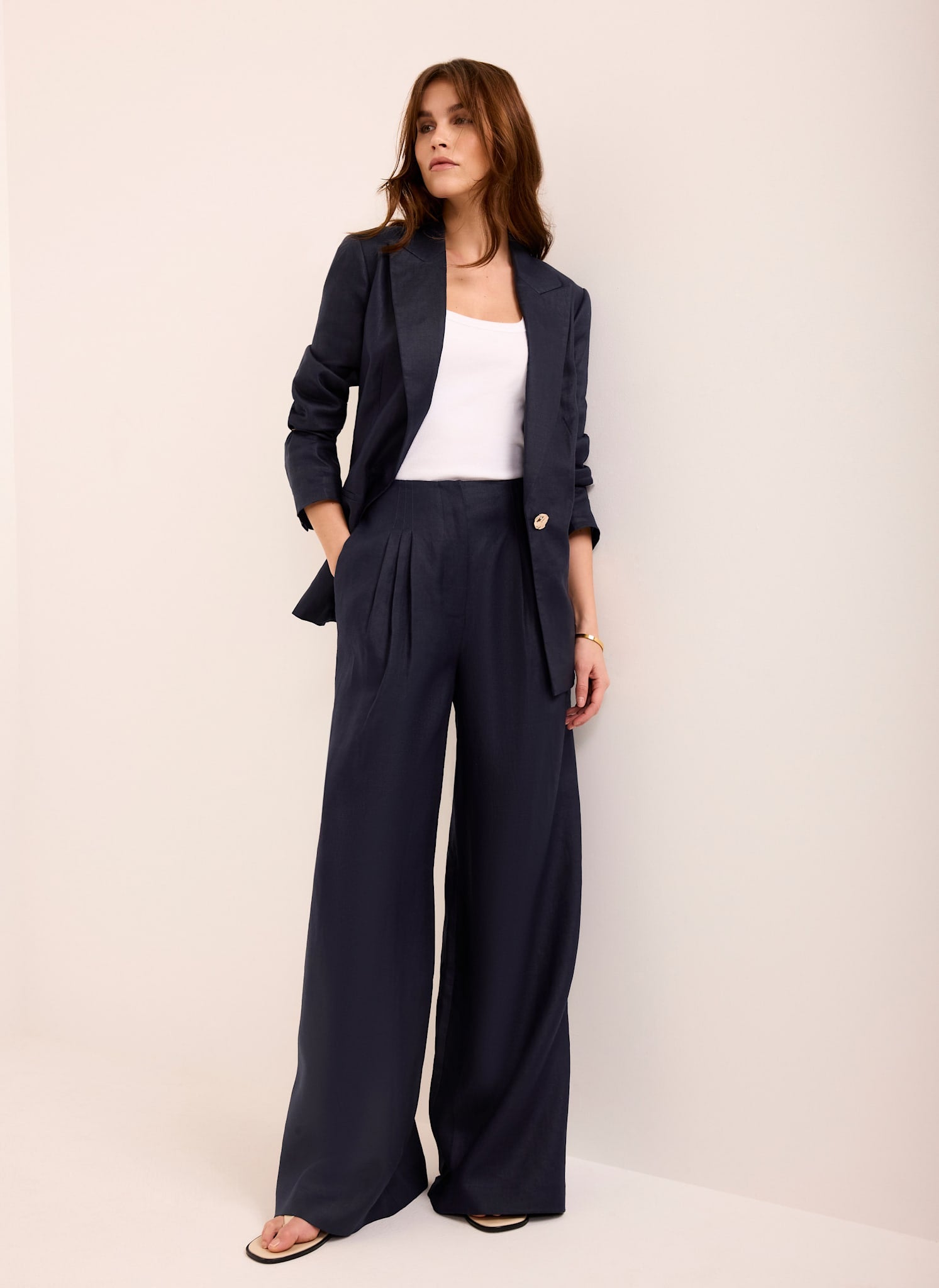 Navy Ramie Single Breasted Blazer