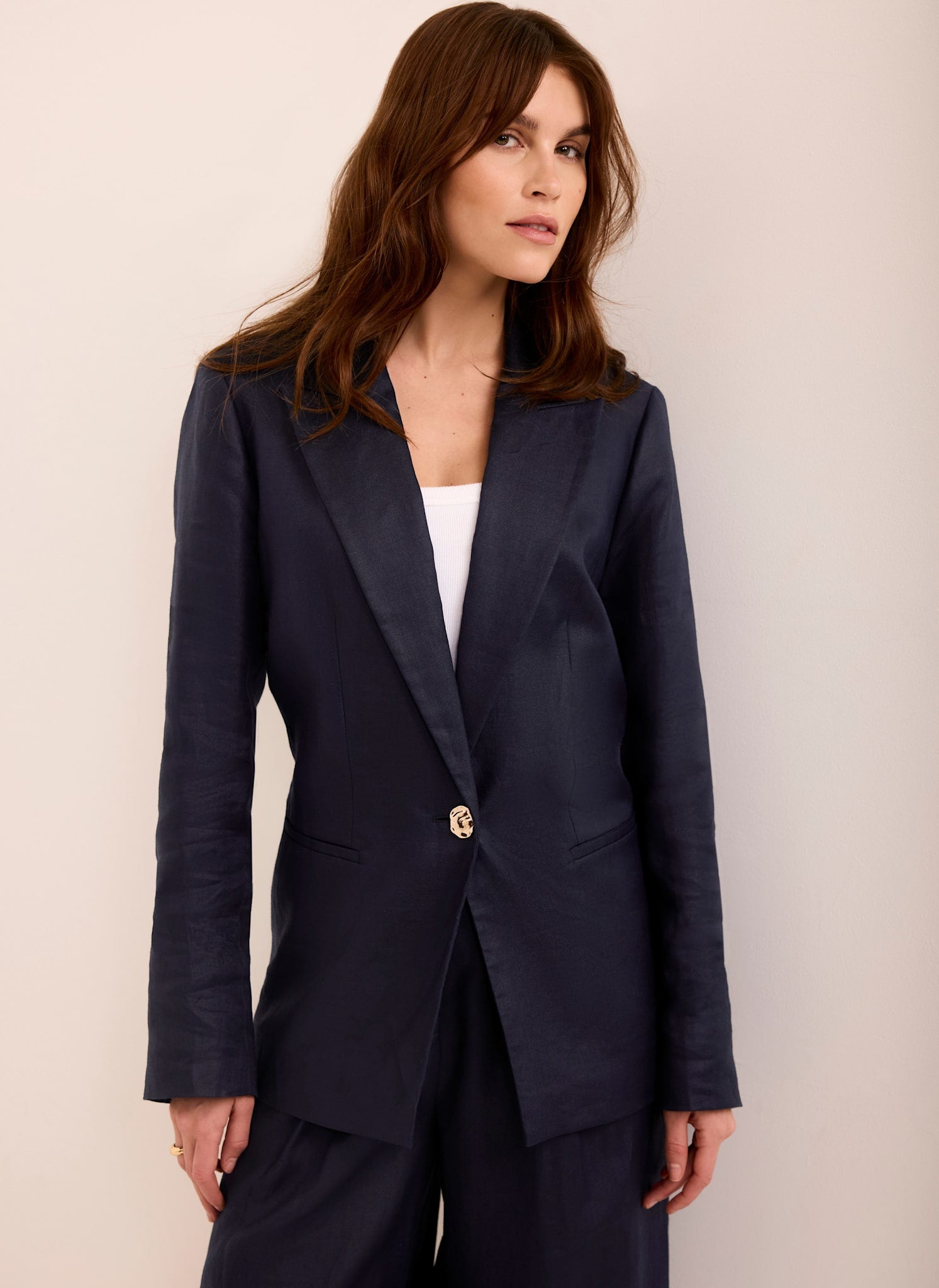Navy Ramie Single Breasted Blazer