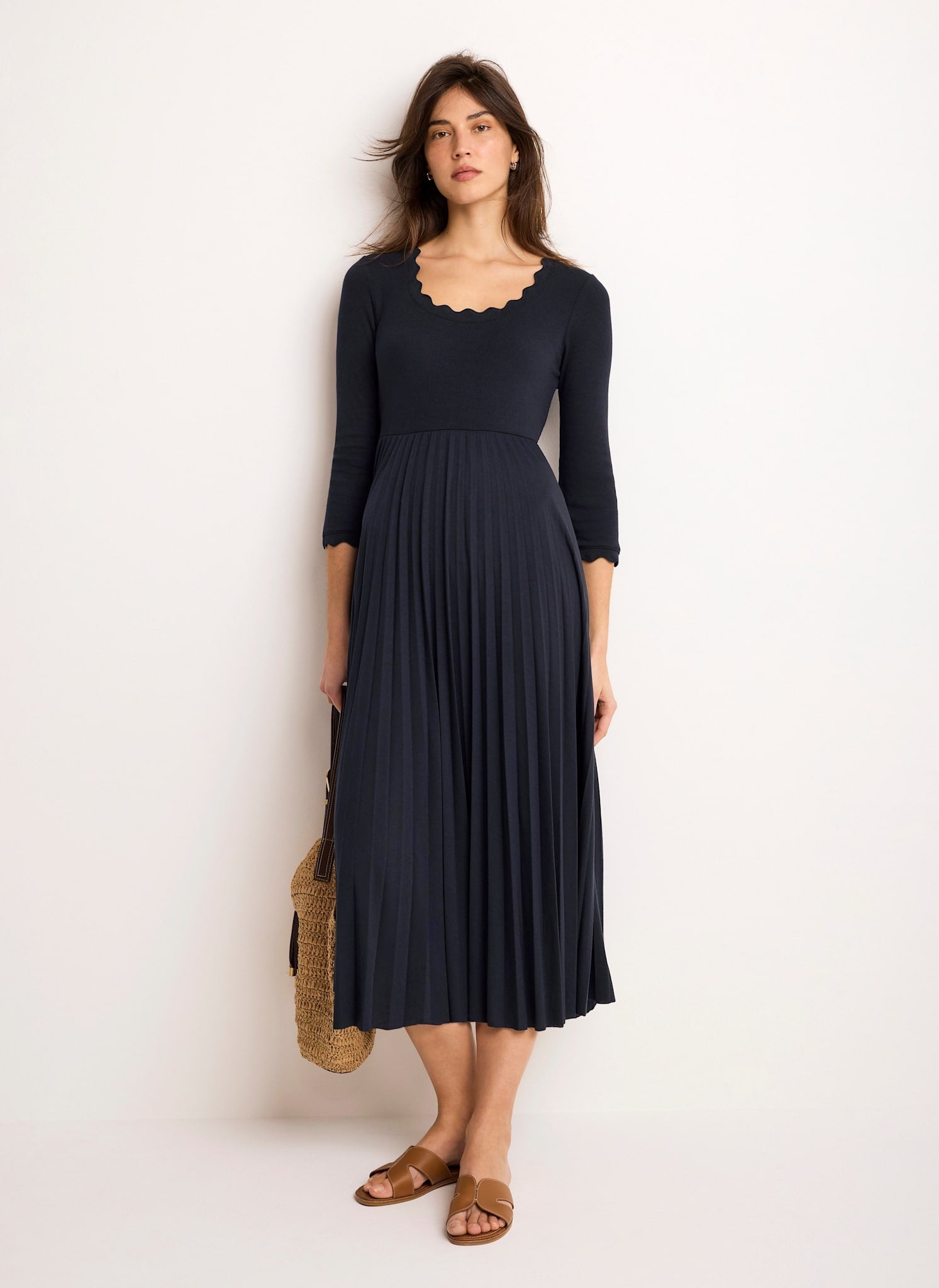 Navy Scallop Jersey Mix Midi Dress