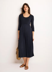 Navy Scallop Jersey Mix Midi Dress