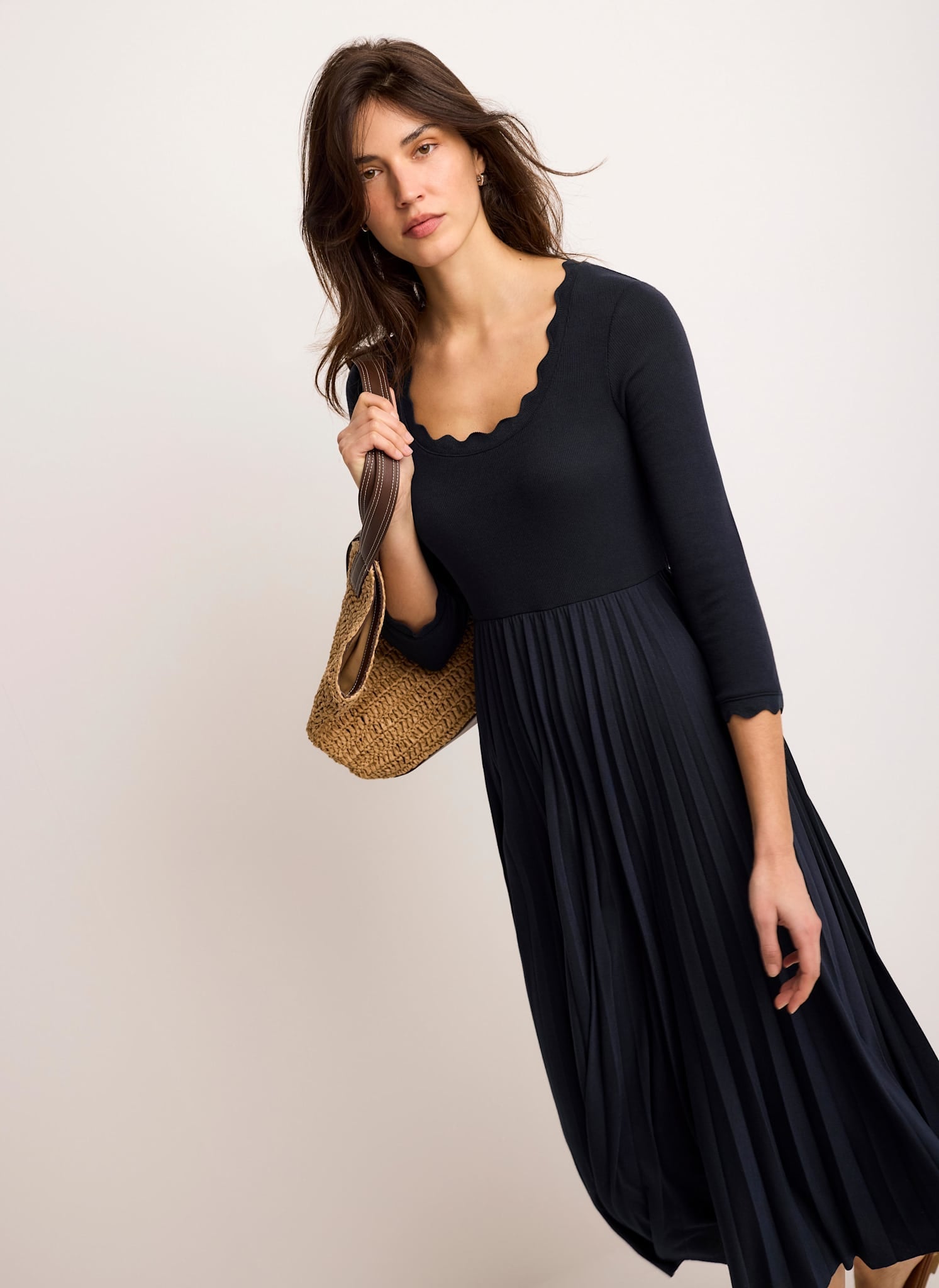 Navy Scallop Jersey Mix Midi Dress