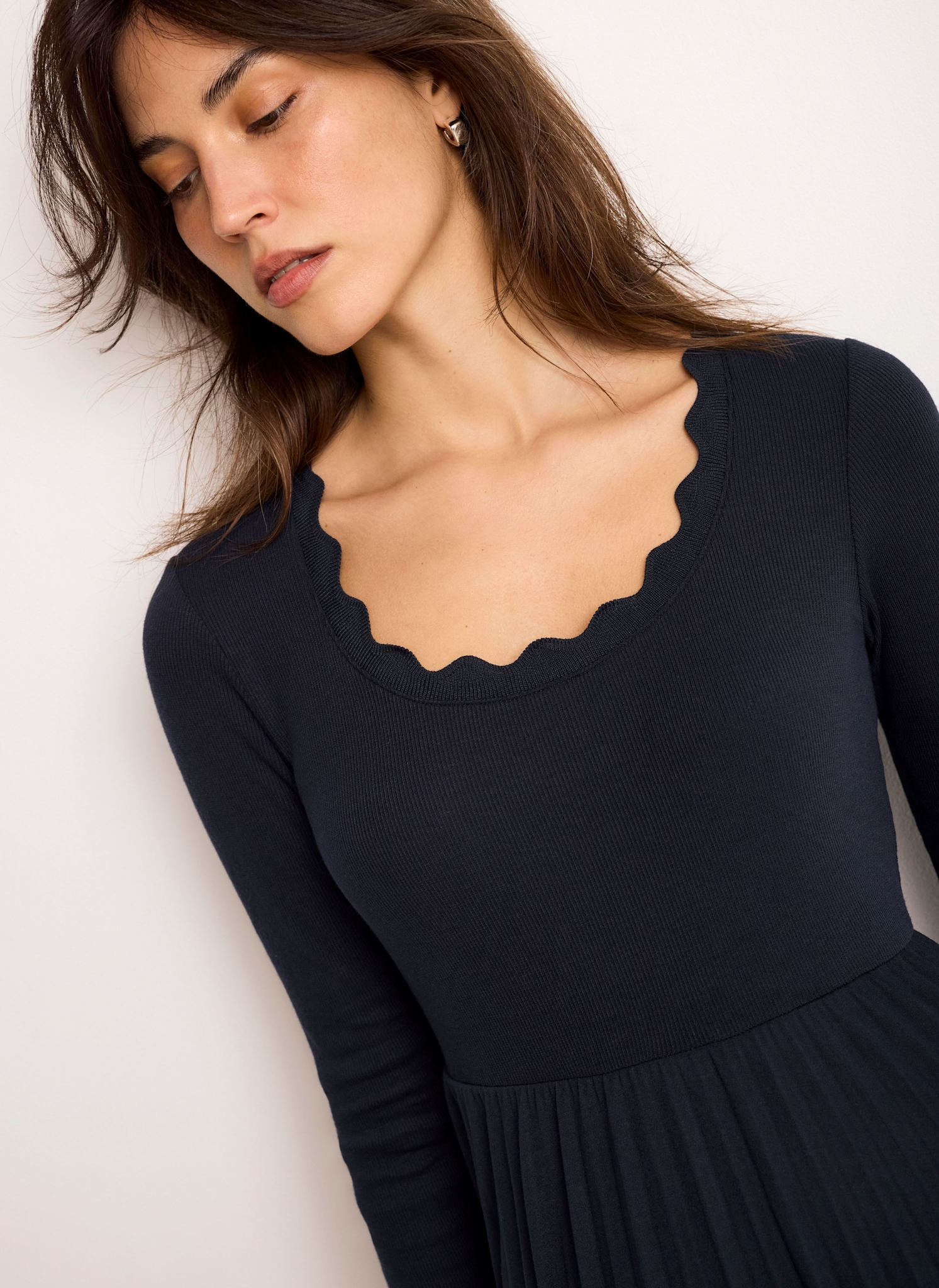 Navy Scallop Jersey Mix Midi Dress