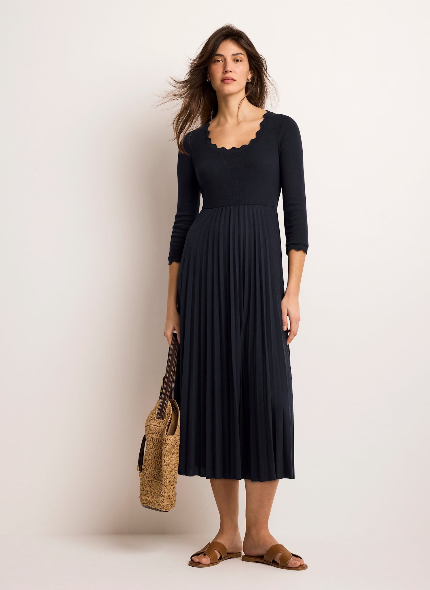Navy Scallop Jersey Mix Midi Dress