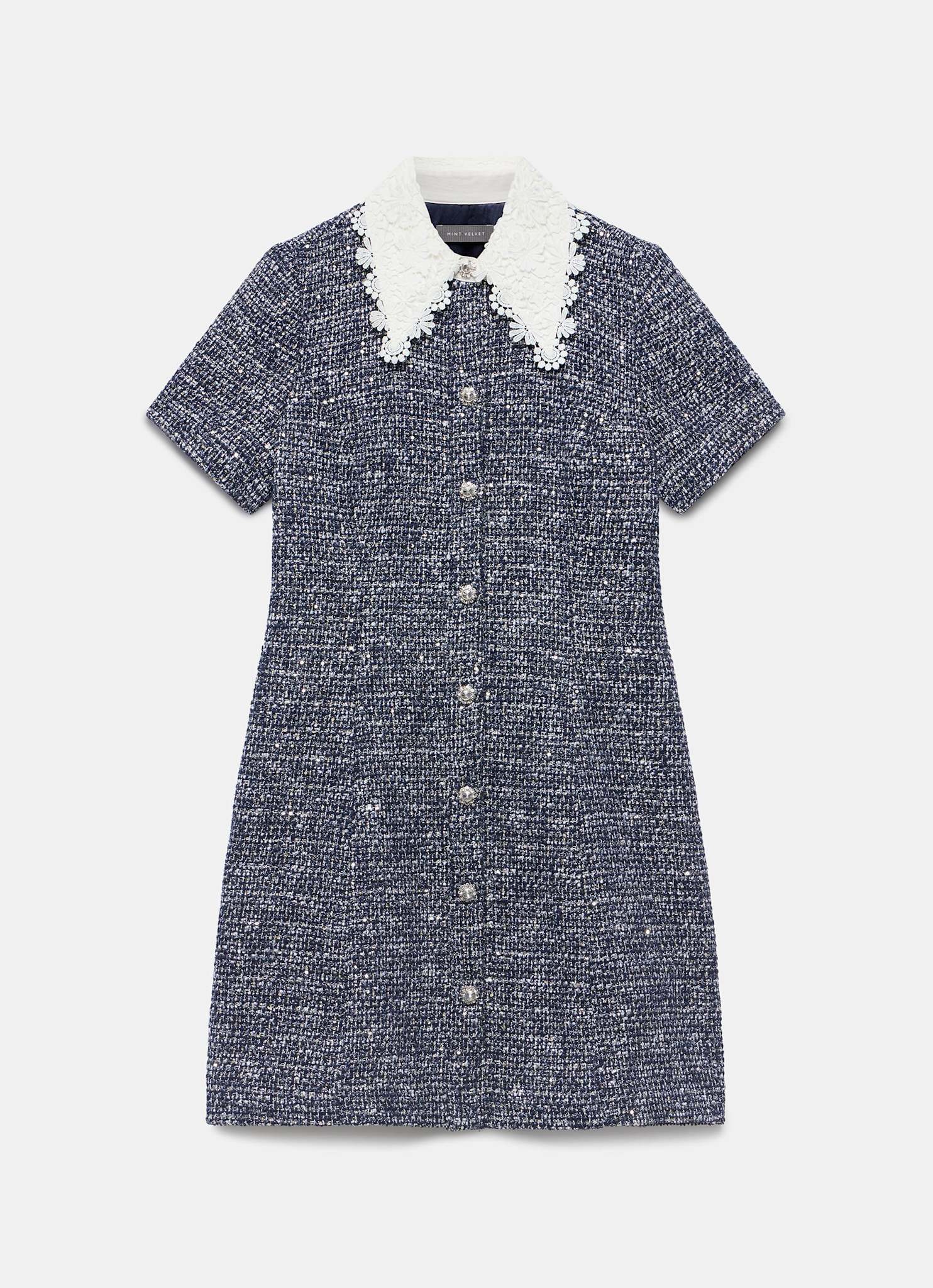 Navy Statement Collar Boucle Mini Dress