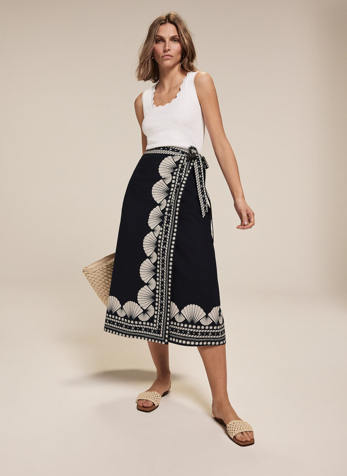 Navy Shell Print Wrap Skirt