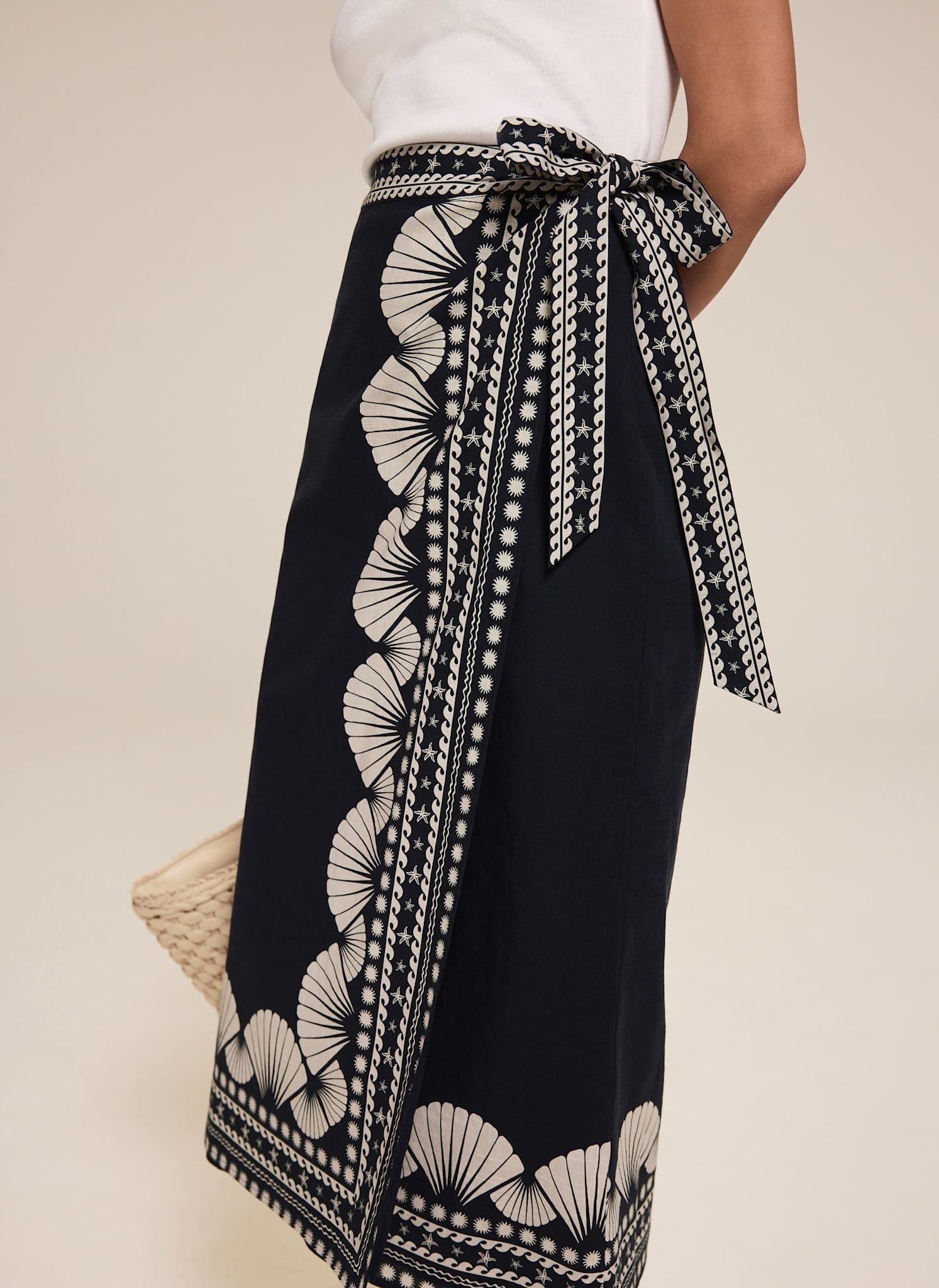 Navy Shell Print Wrap Skirt