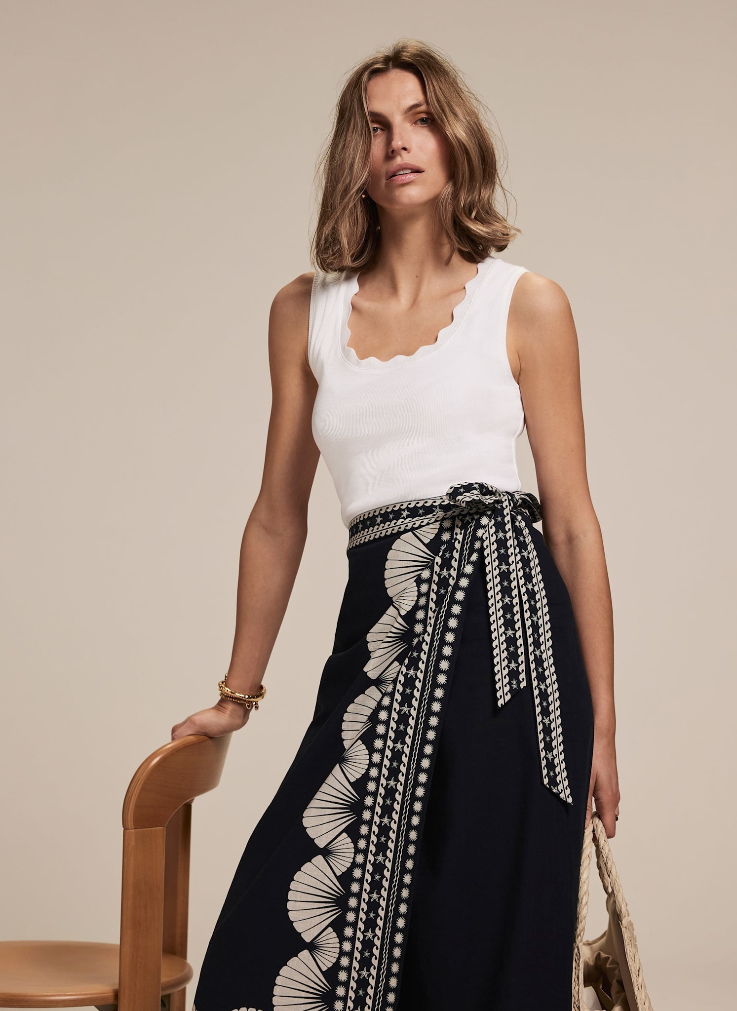 Navy Shell Print Wrap Skirt