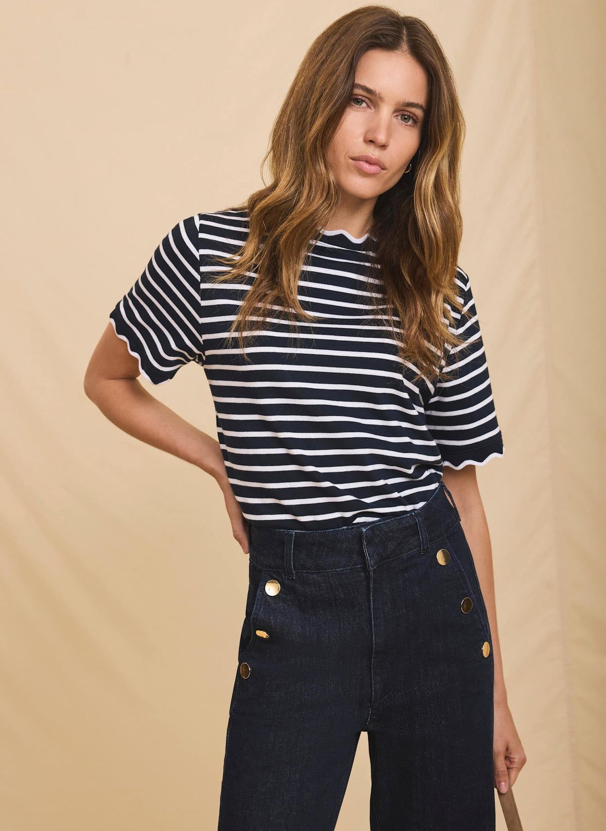 Navy Stripe Scallop Trim T-Shirt