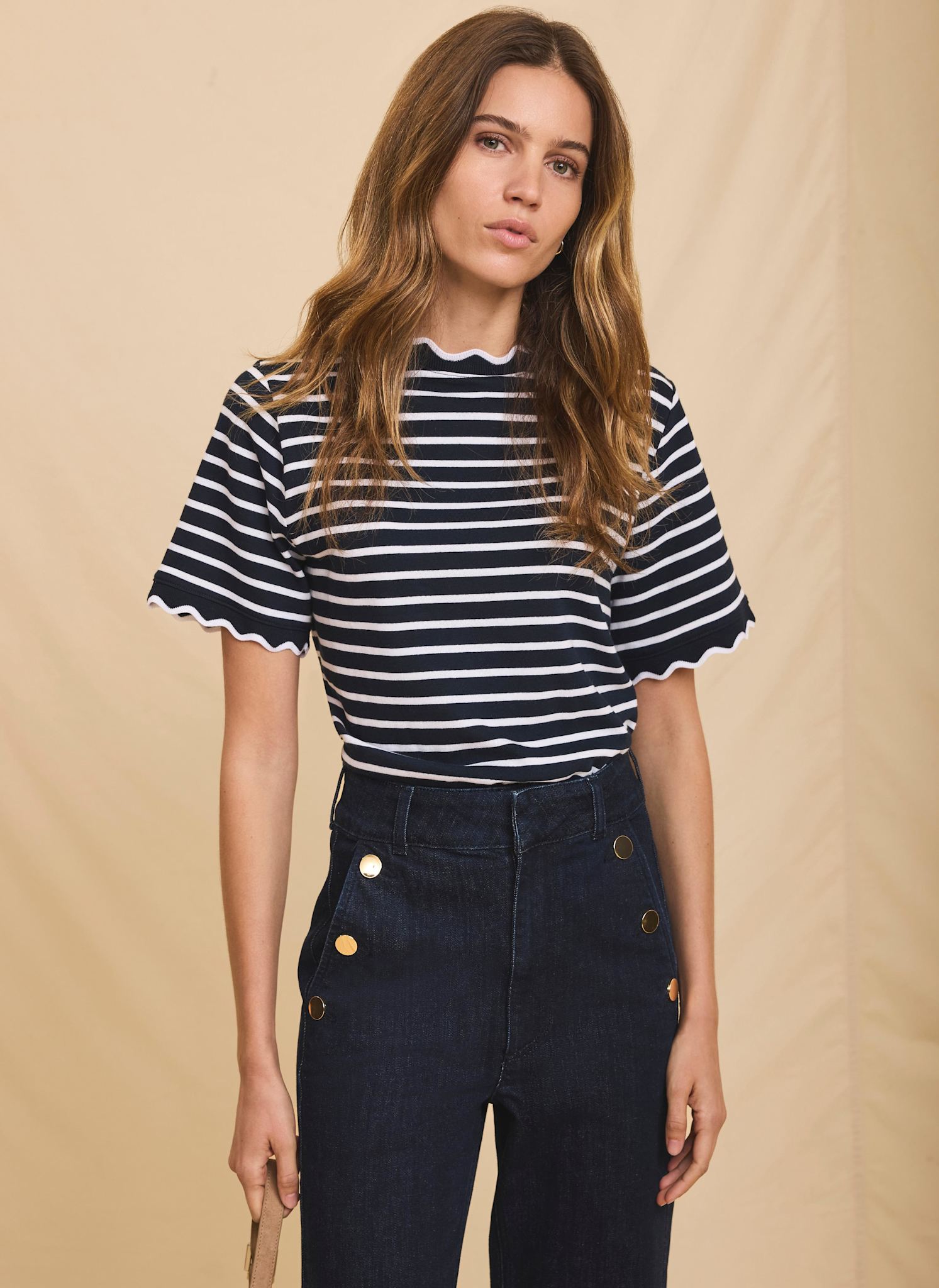 Navy Stripe Scallop Trim T-Shirt