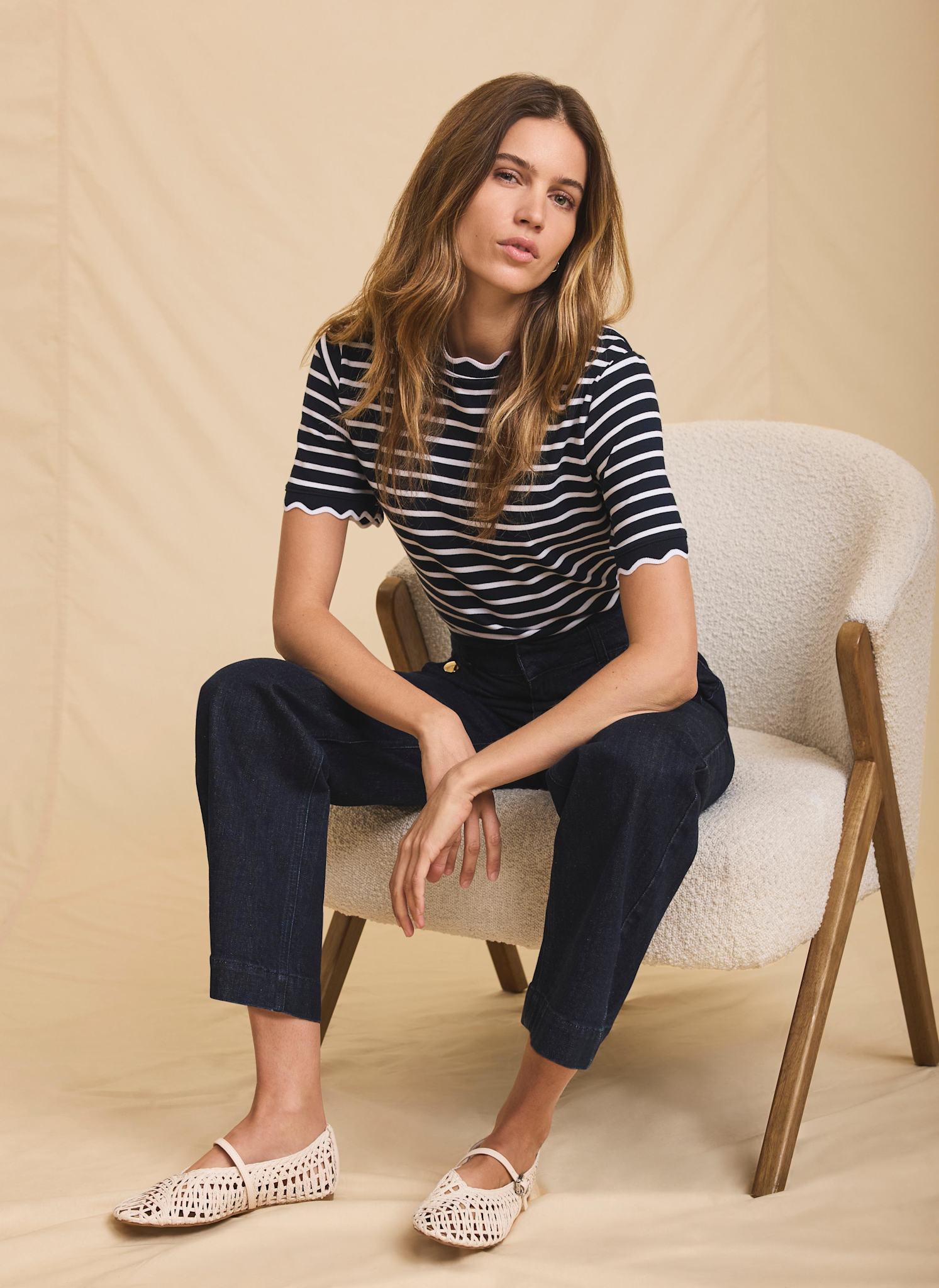 Navy Stripe Scallop Trim T-Shirt