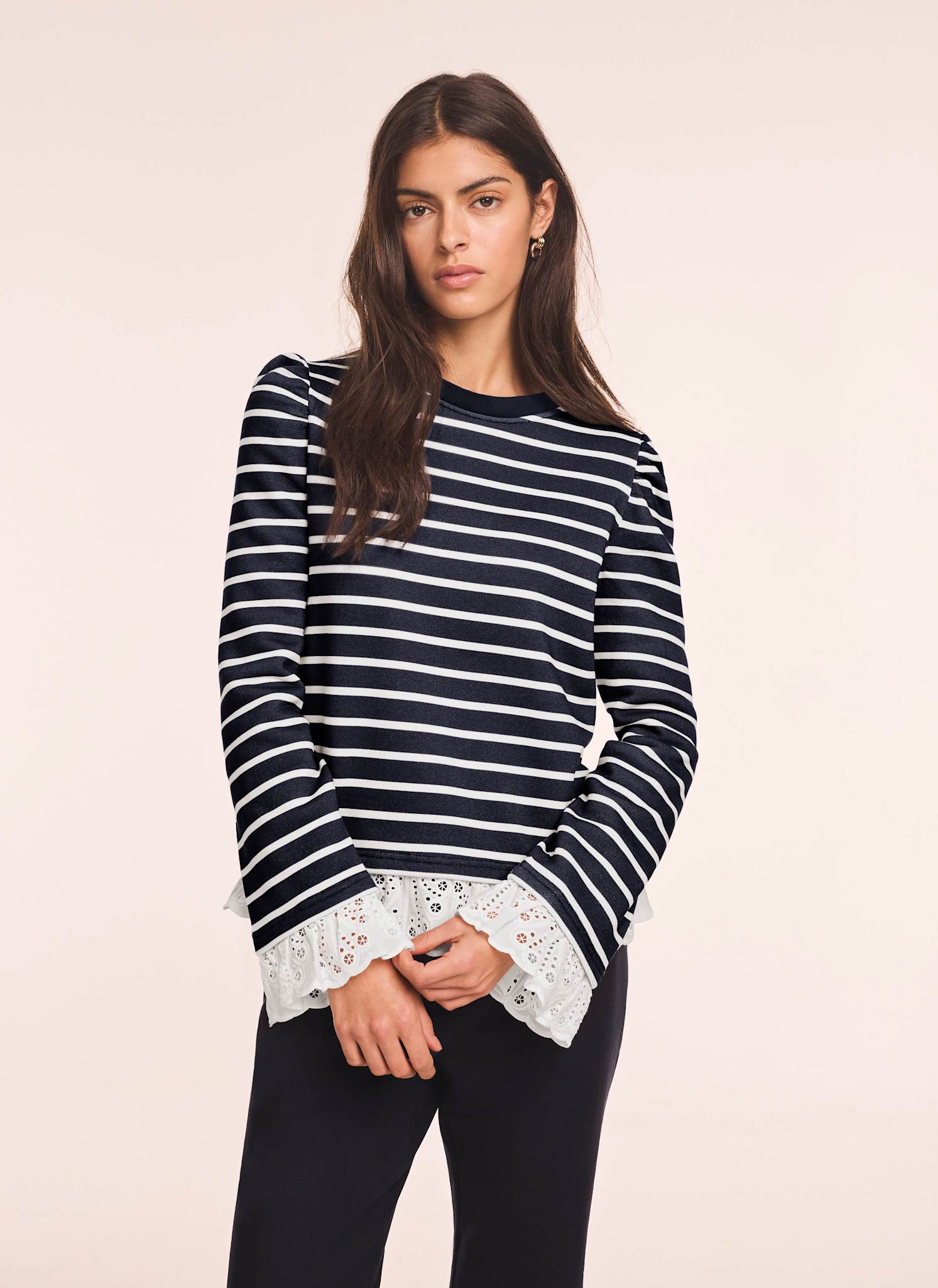 Navy Stripe Broderie Trim Sweatshirt