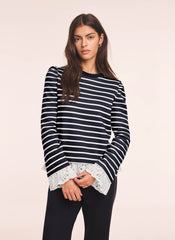 Navy Stripe Broderie Trim Sweatshirt
