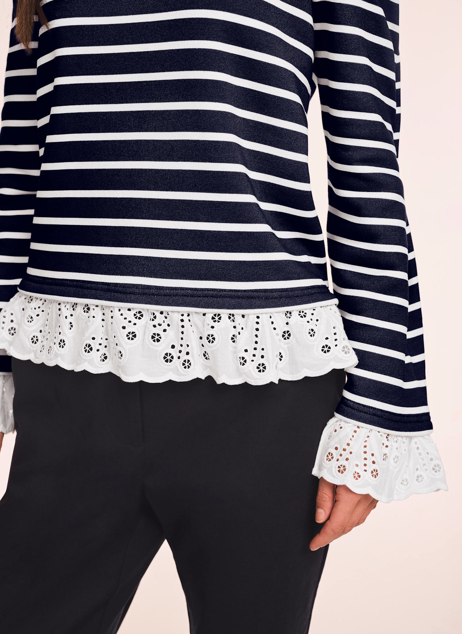 Navy Stripe Broderie Trim Sweatshirt