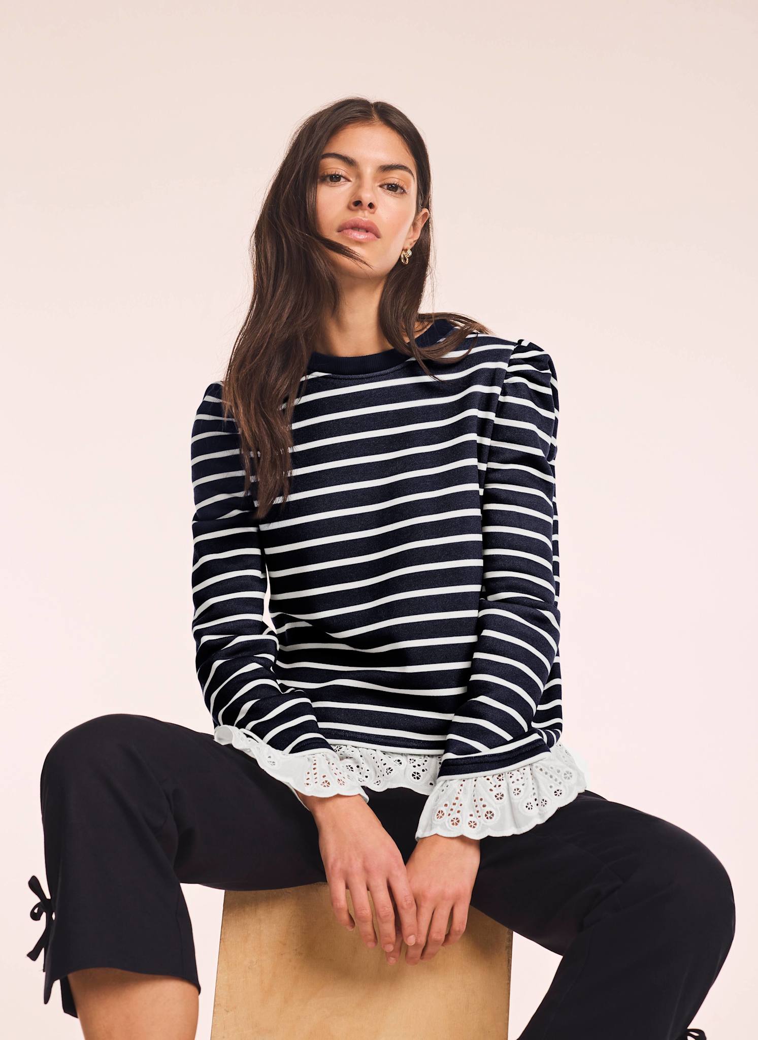 Navy Stripe Broderie Trim Sweatshirt