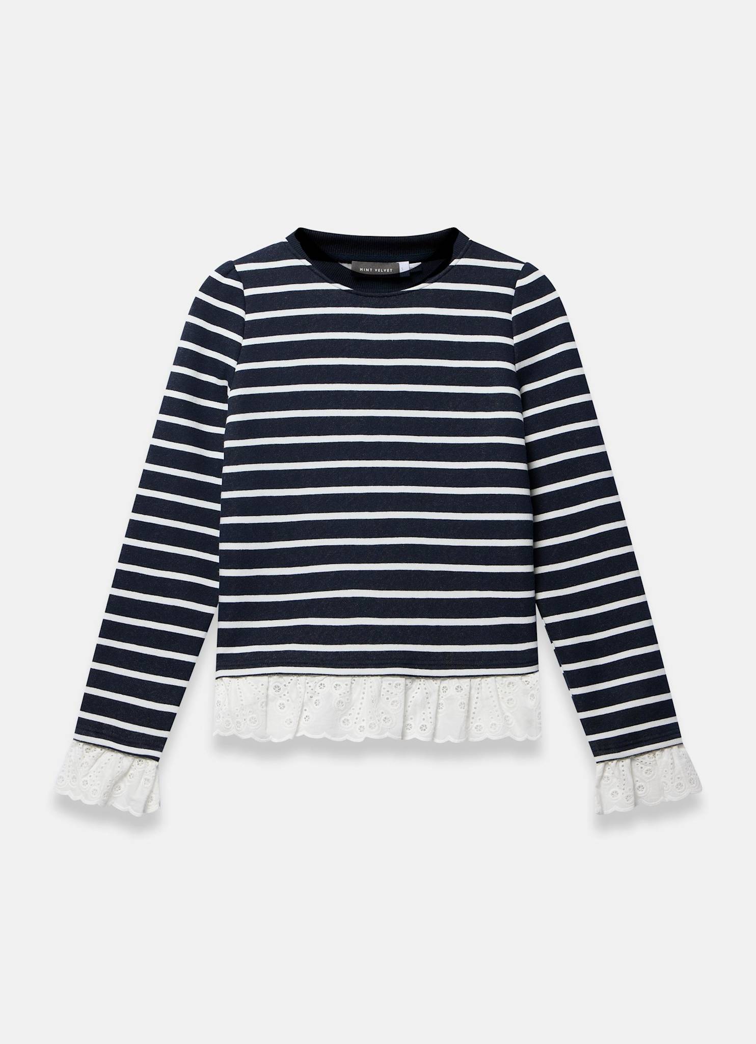 Navy Stripe Broderie Trim Sweatshirt