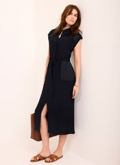 Navy Satin Utility Midi Dress