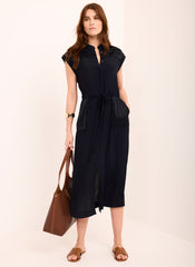 Navy Satin Utility Midi Dress