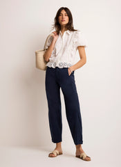 Navy Washed Barrel Leg Chino Trousers
