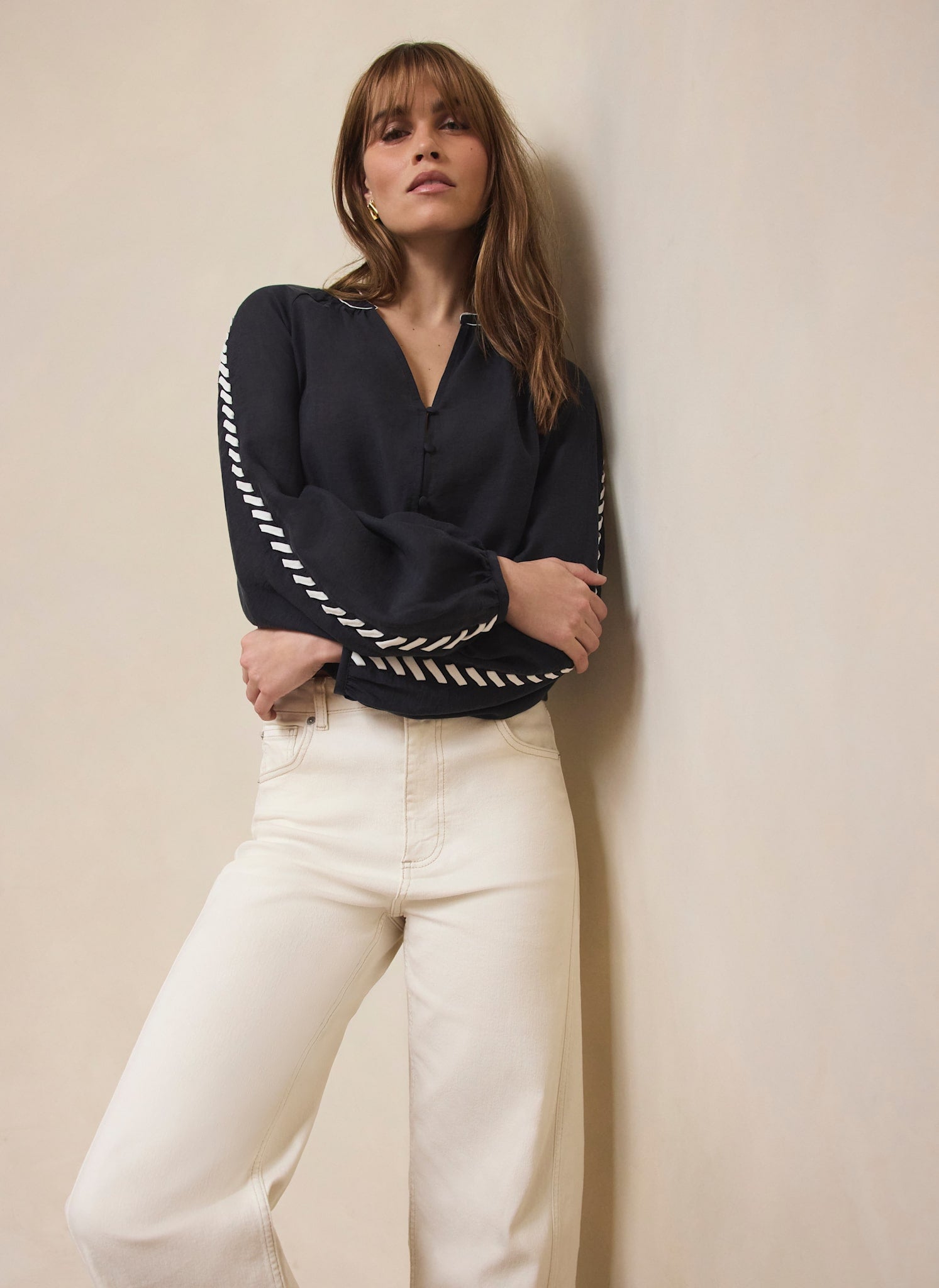 Navy Whipstitch Detail Blouse