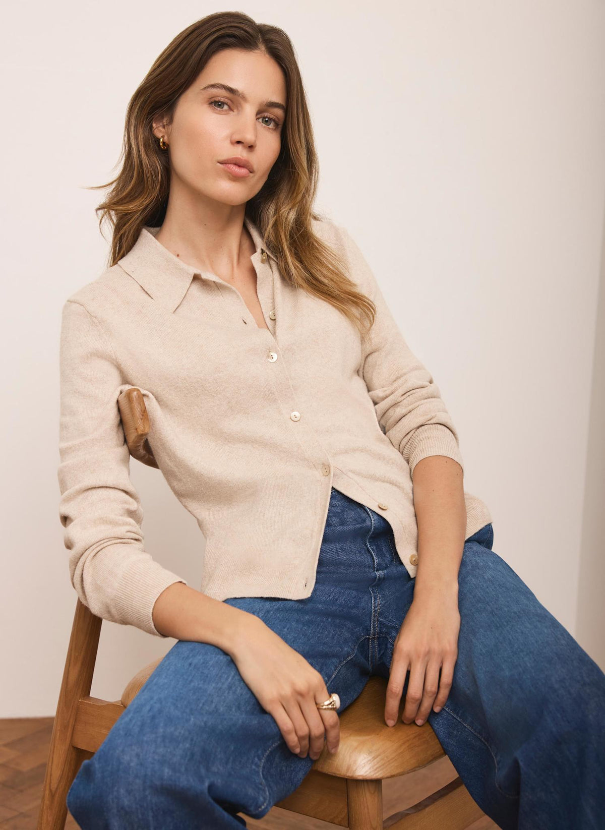 Neutral Cotton Blend Button Collar Cardigan