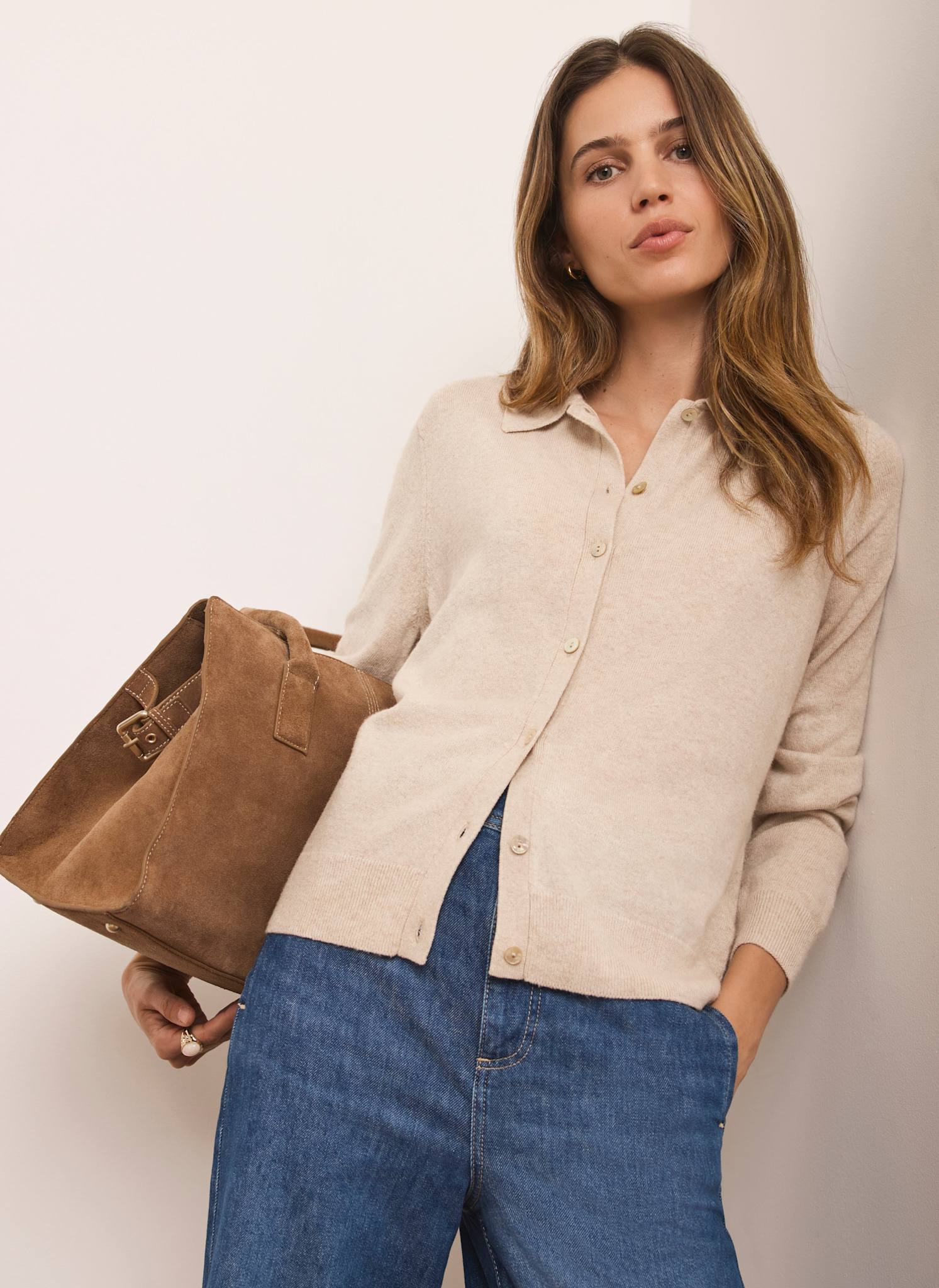 Neutral Cotton Blend Button Collar Cardigan