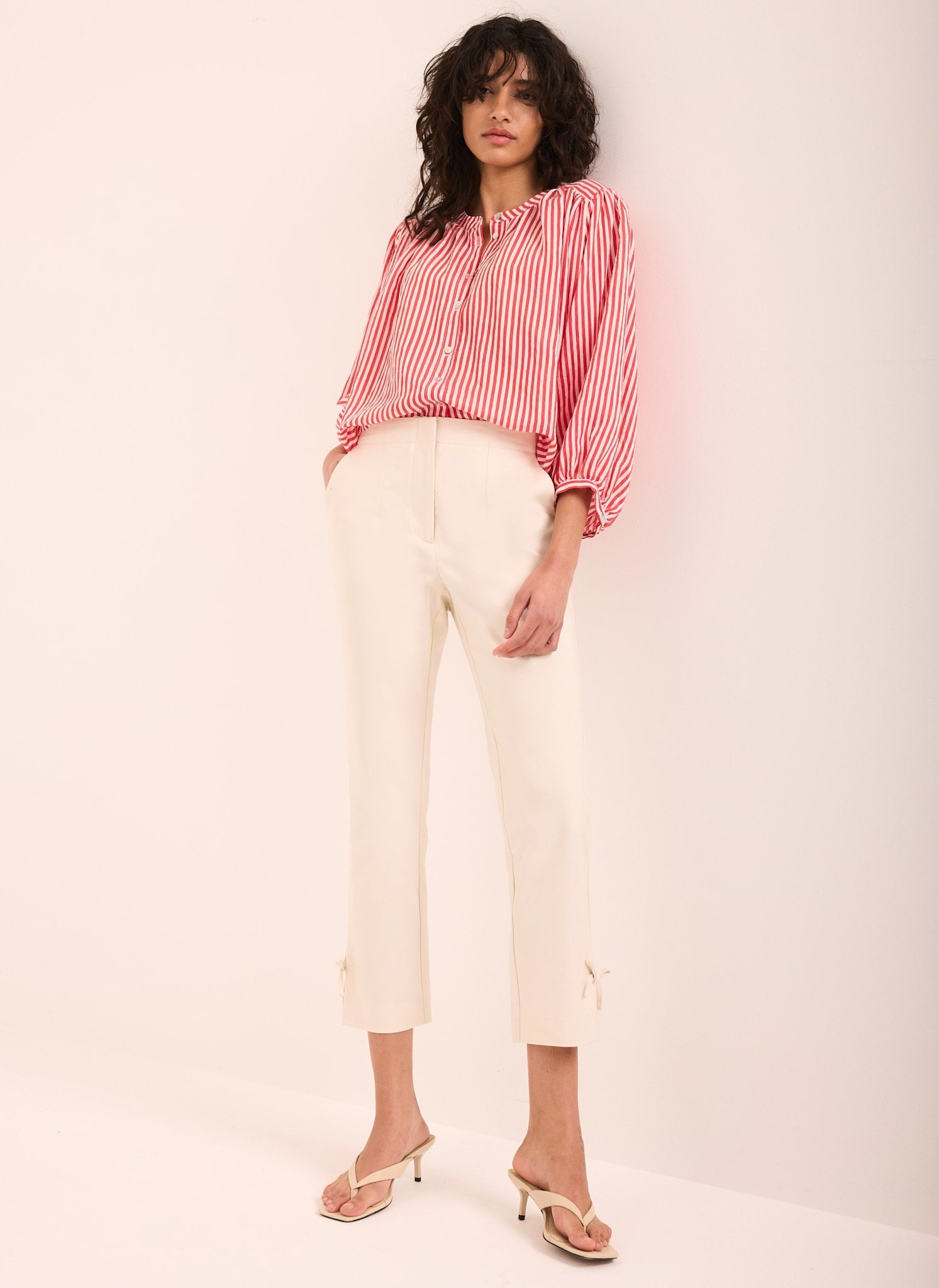 Neutral Cotton Blend Capri Trousers