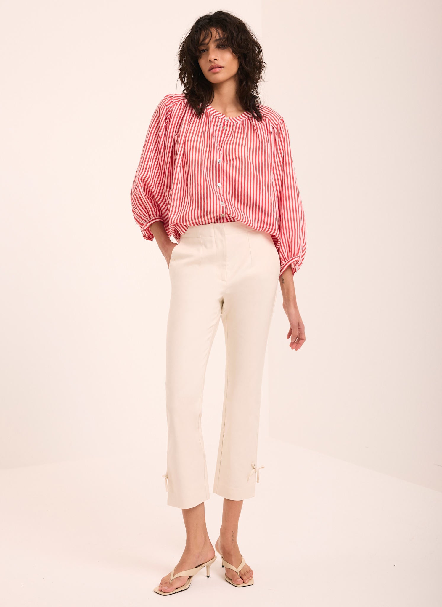 Neutral Cotton Blend Capri Trousers