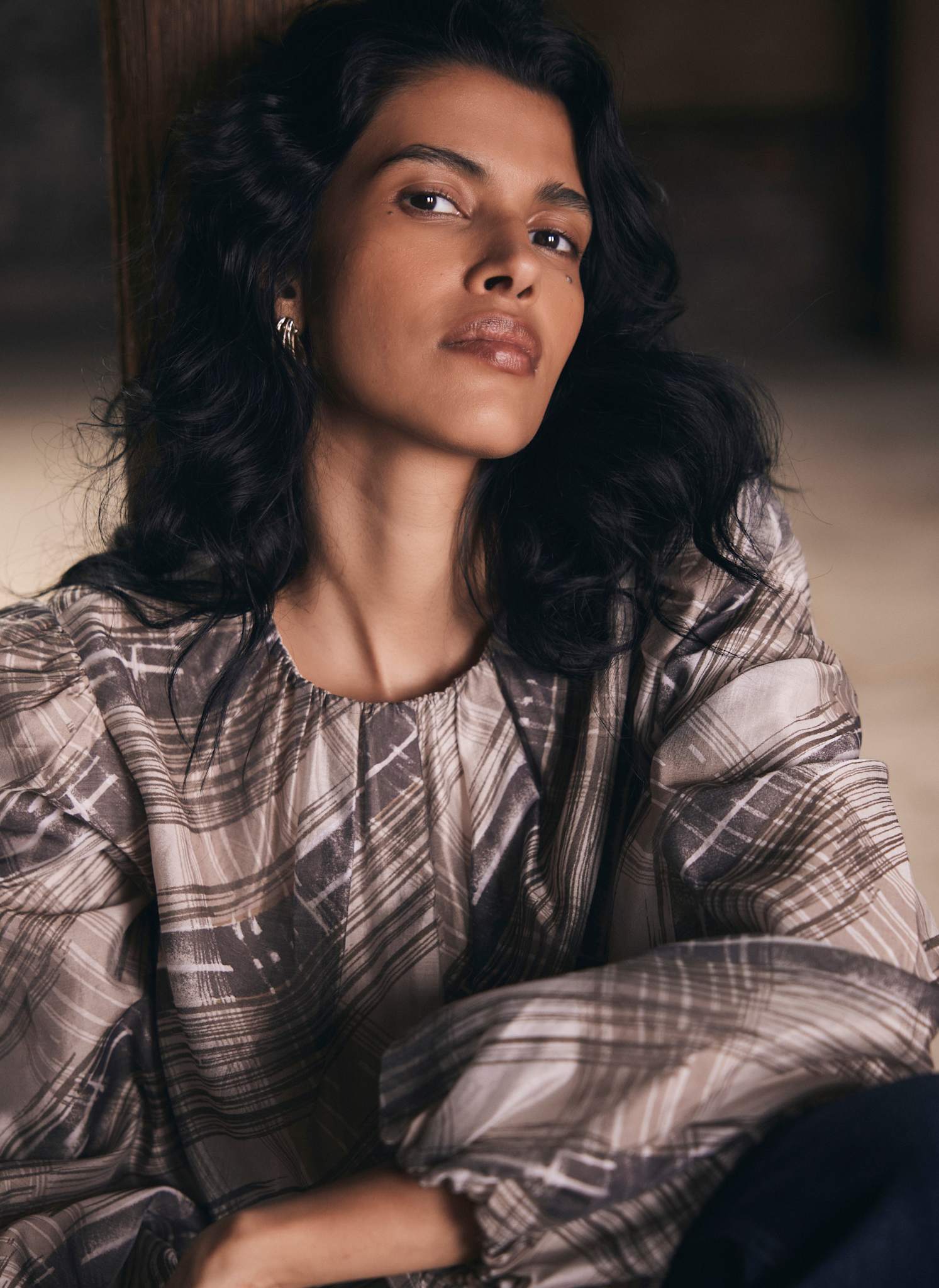 Brown Check Print Blouse