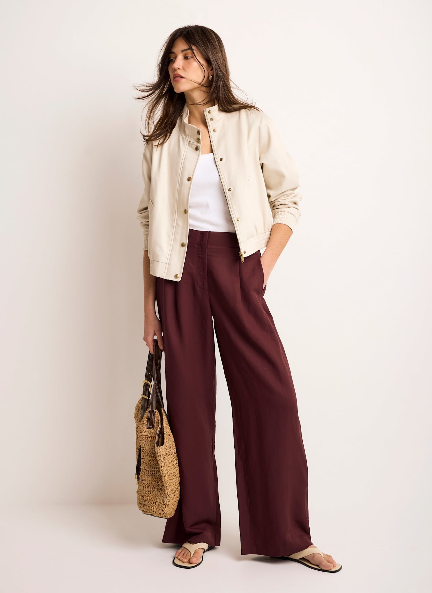 Neutral Funnel Neck Bomber Jacket