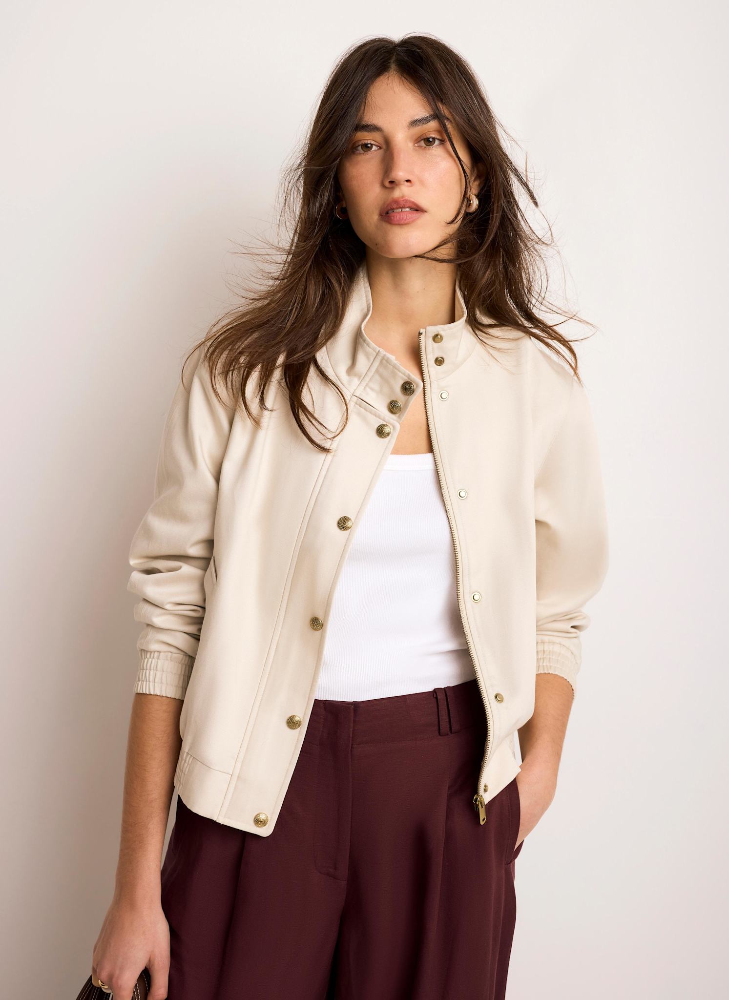 Neutral Funnel Neck Bomber Jacket