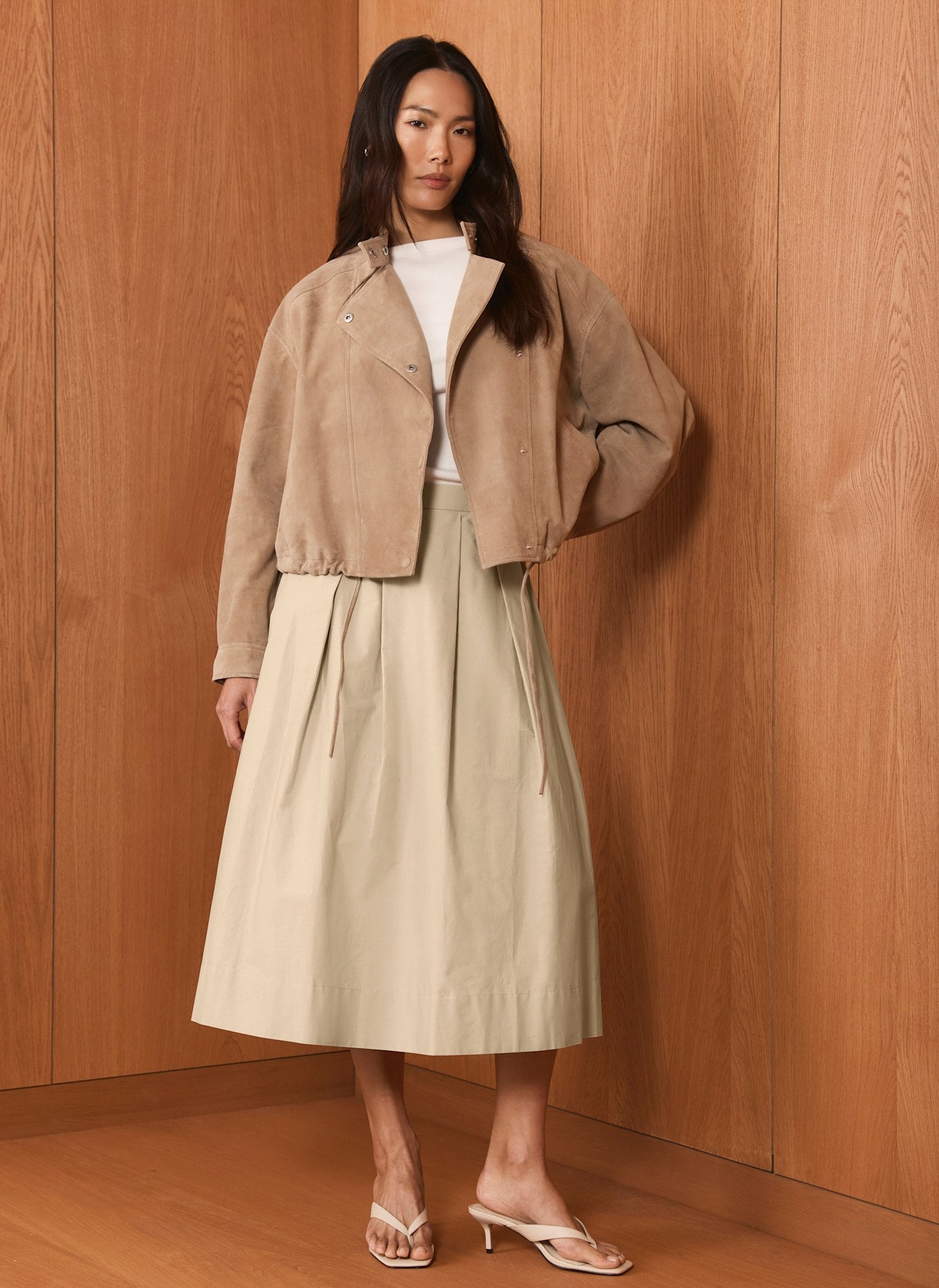 Neutral Cotton A Line Midi Skirt
