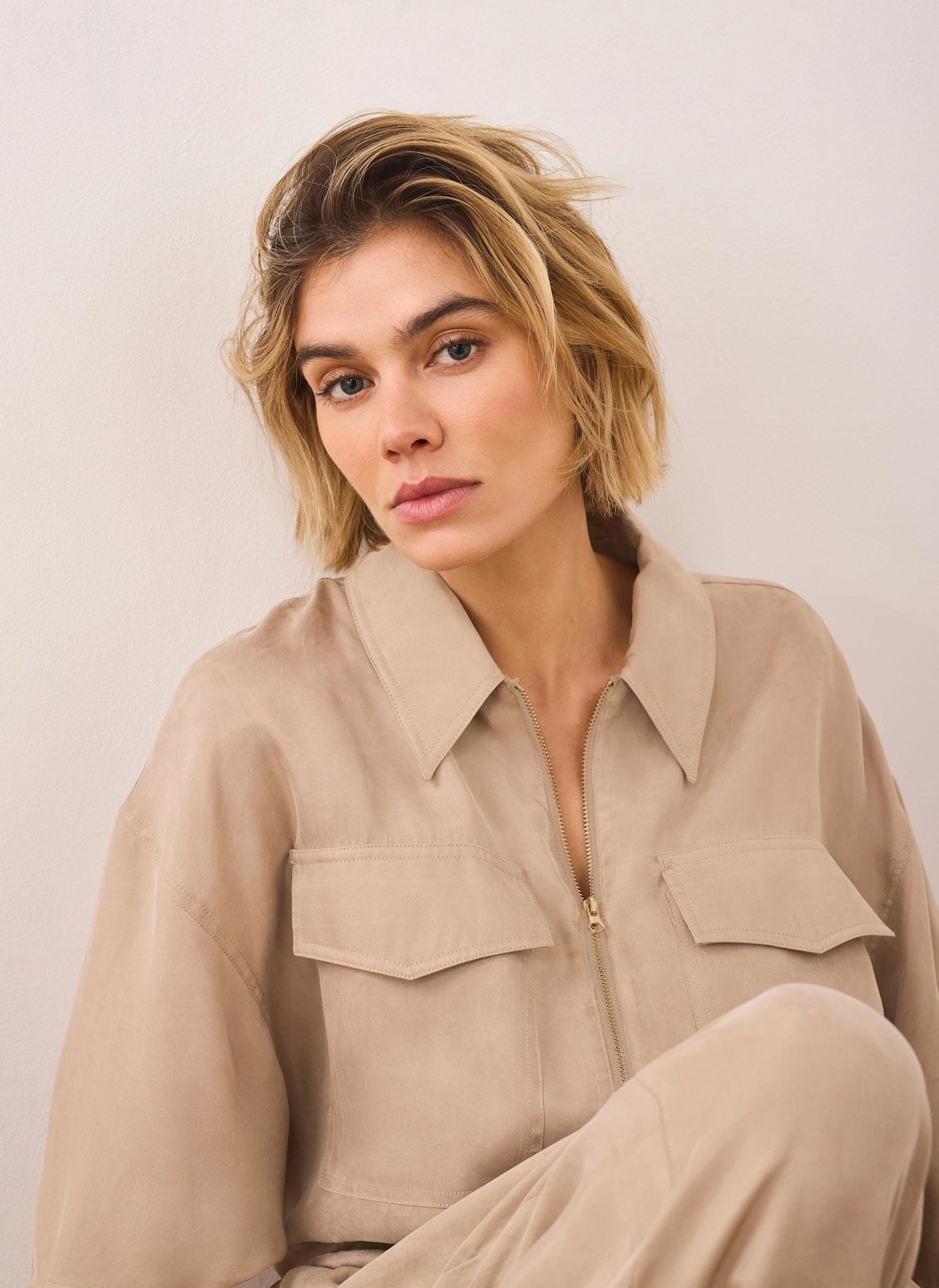 Neutral Zip Detail Blouse