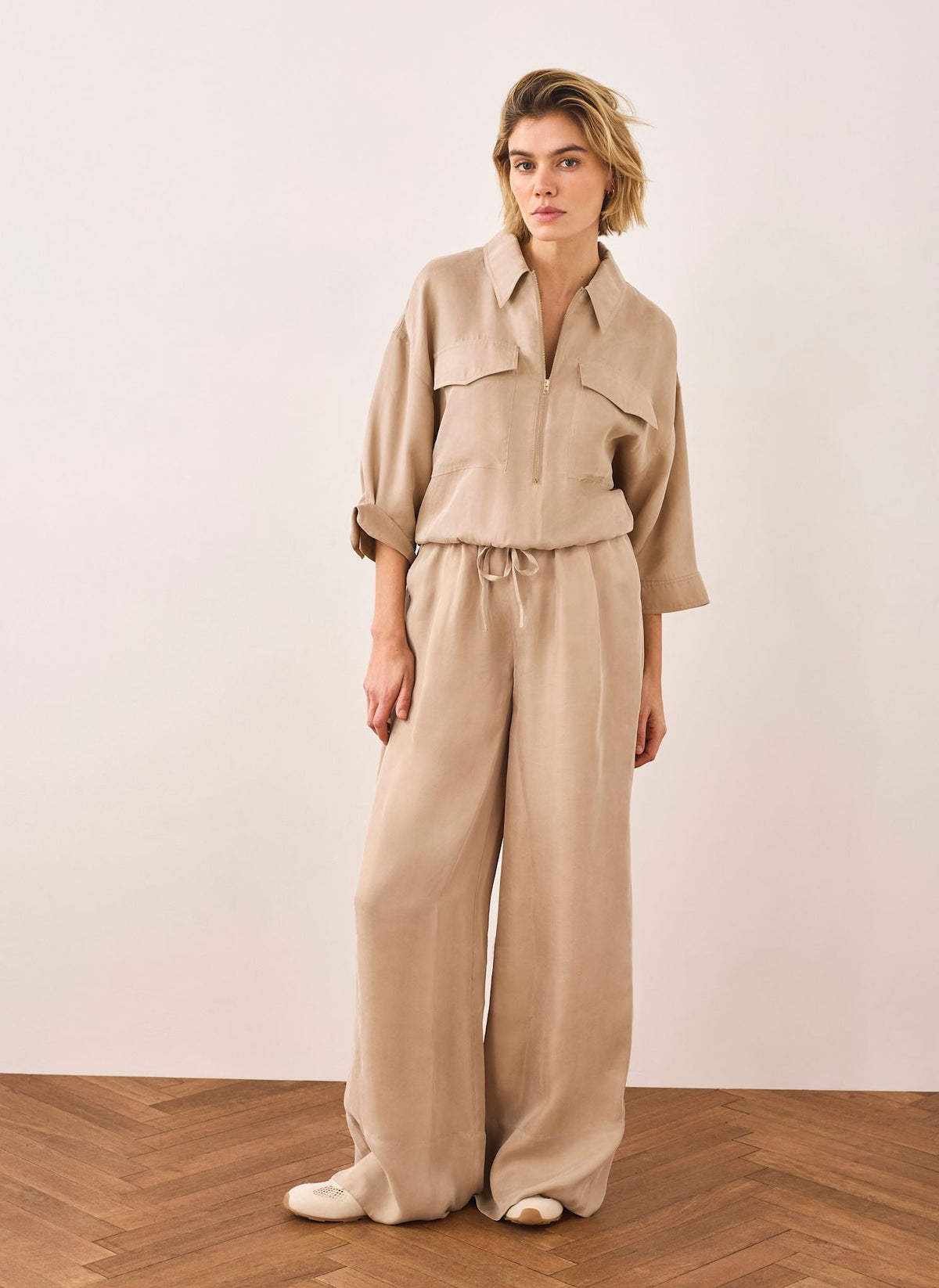 Neutral Drawstring Wide Leg Trousers