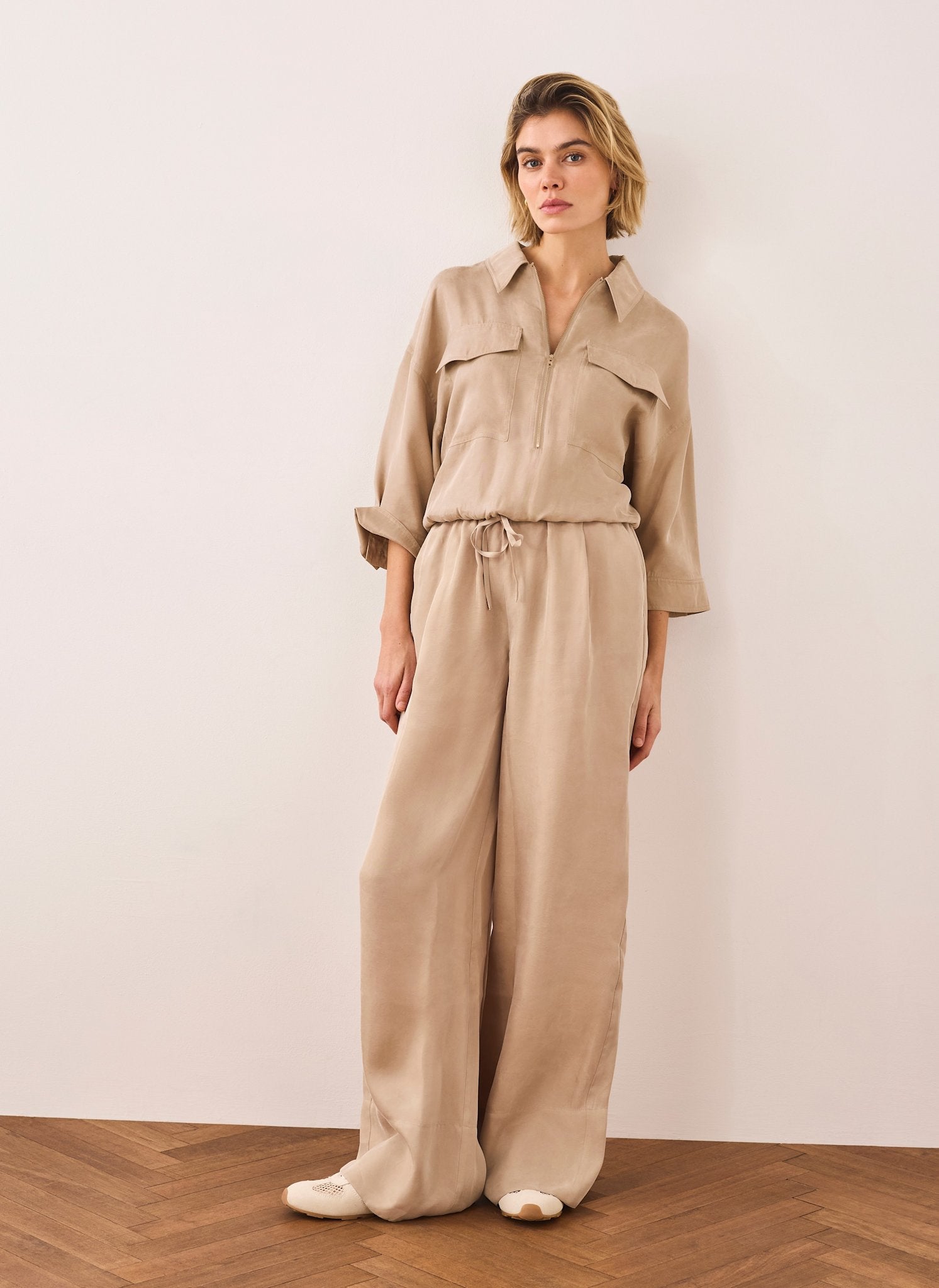 Neutral Drawstring Wide Leg Trousers