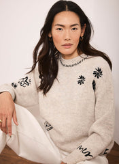 Neutral Embroidered Wool Blend Jumper