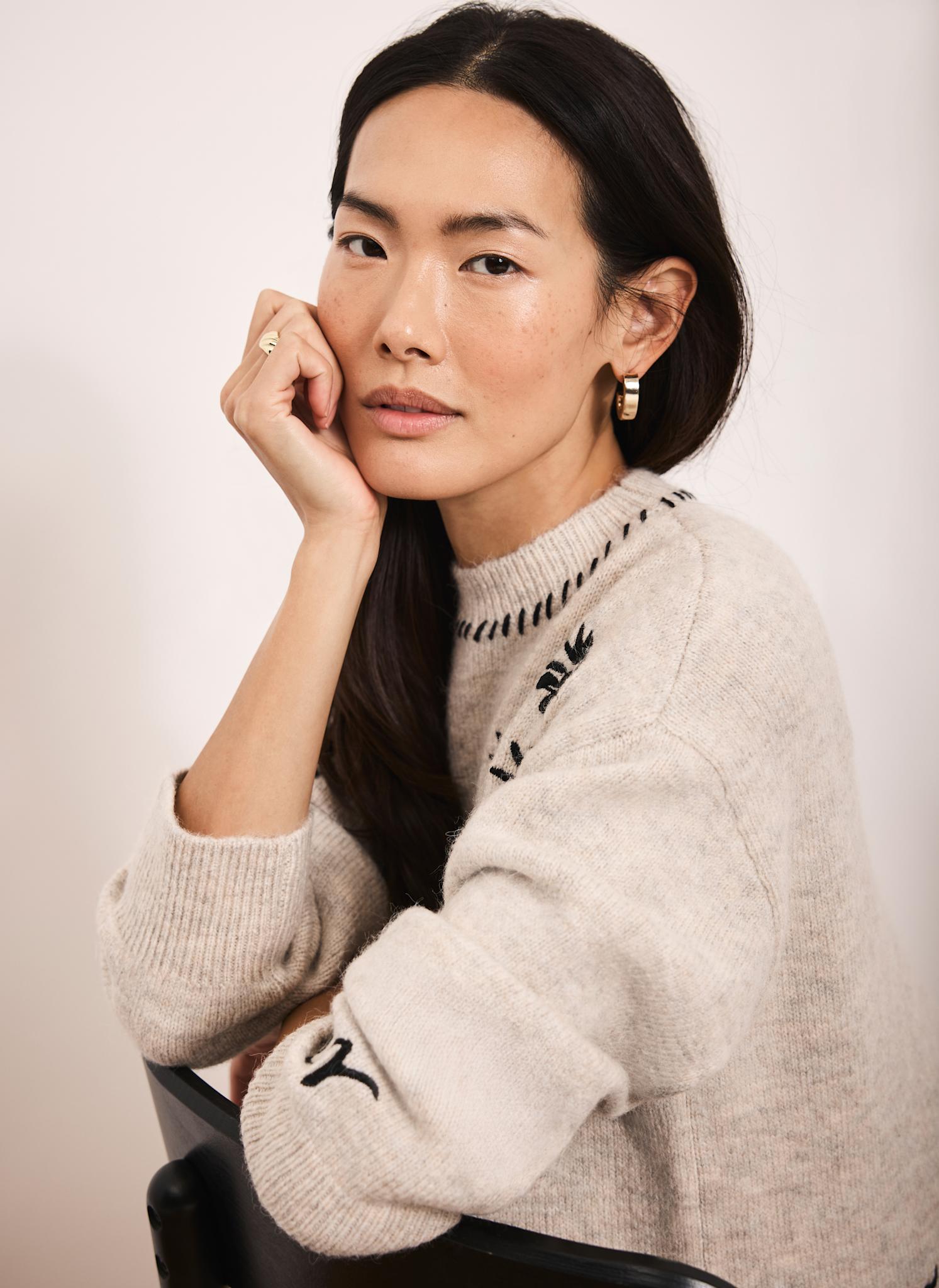 Neutral Embroidered Wool Blend Jumper