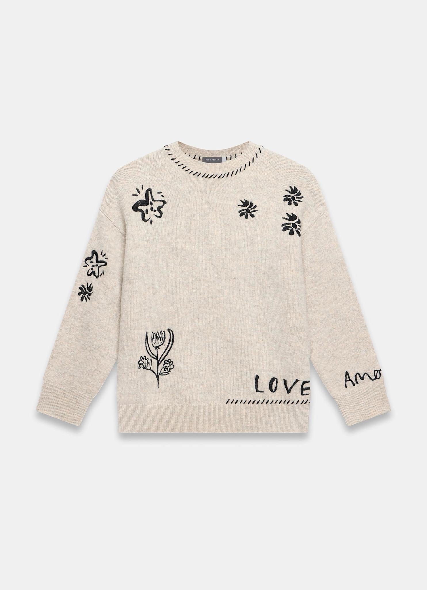 Neutral Embroidered Wool Blend Jumper