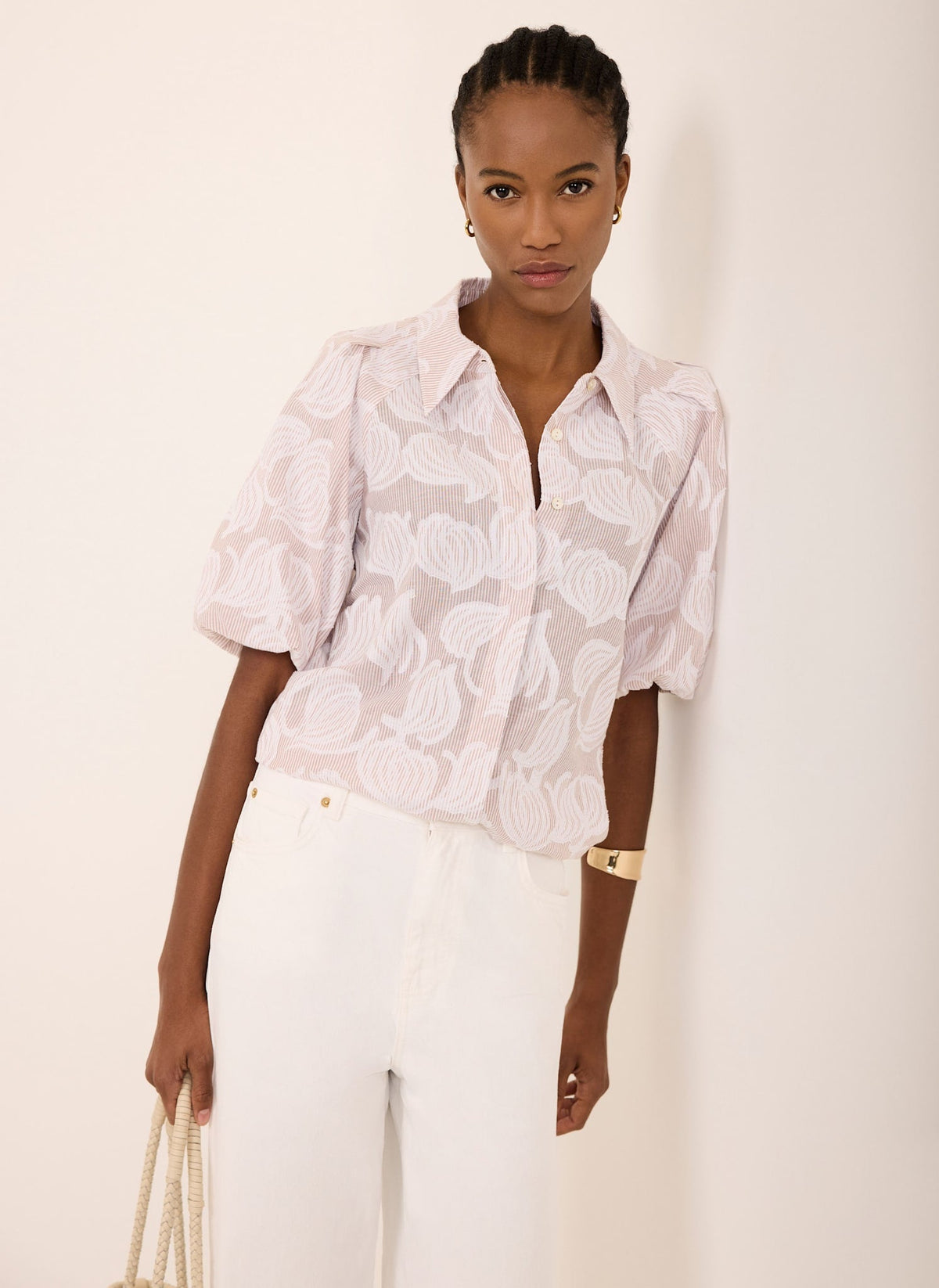 Neutral Cotton Jacquard Striped Shirt