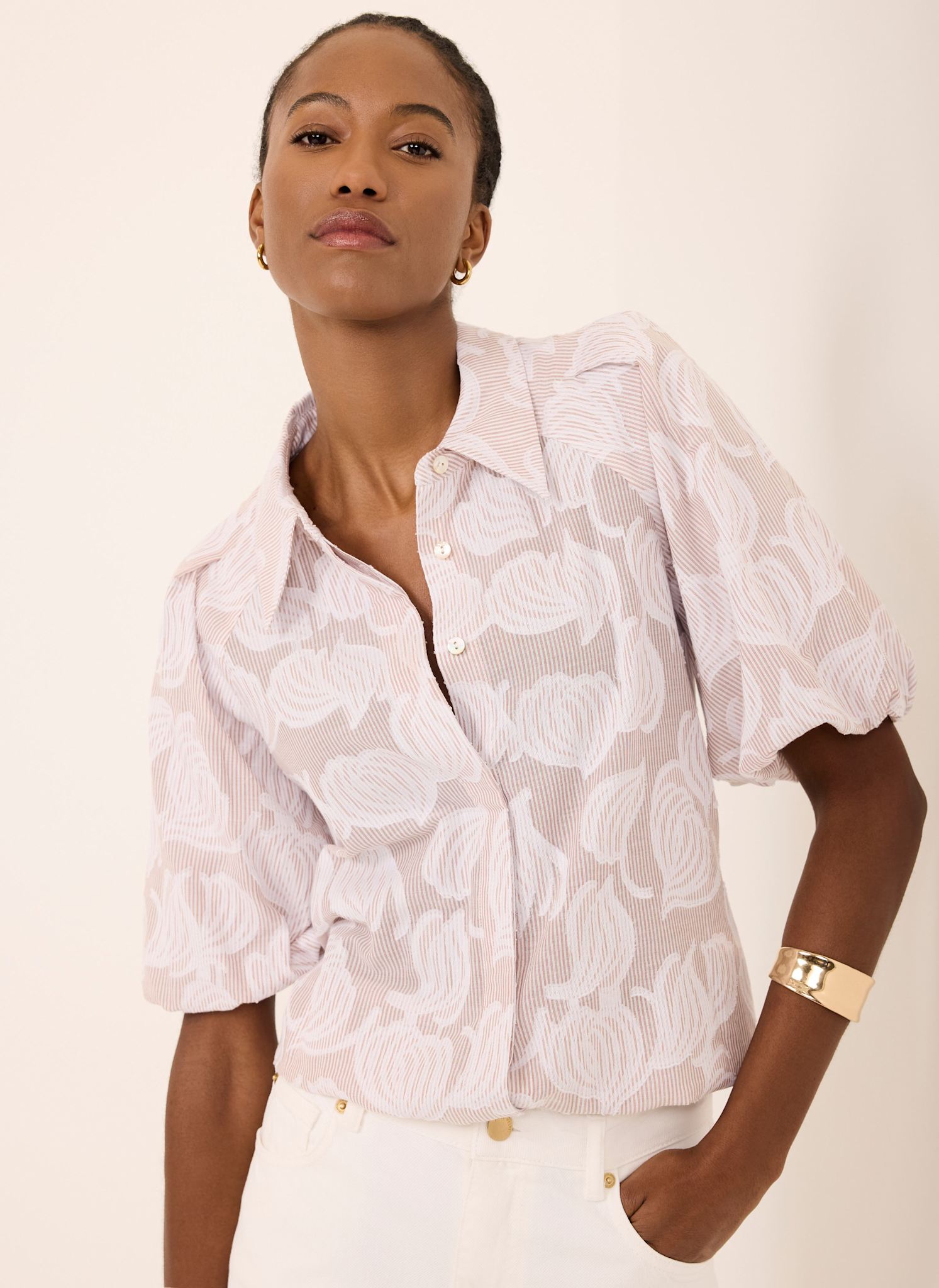 Neutral Cotton Jacquard Striped Shirt