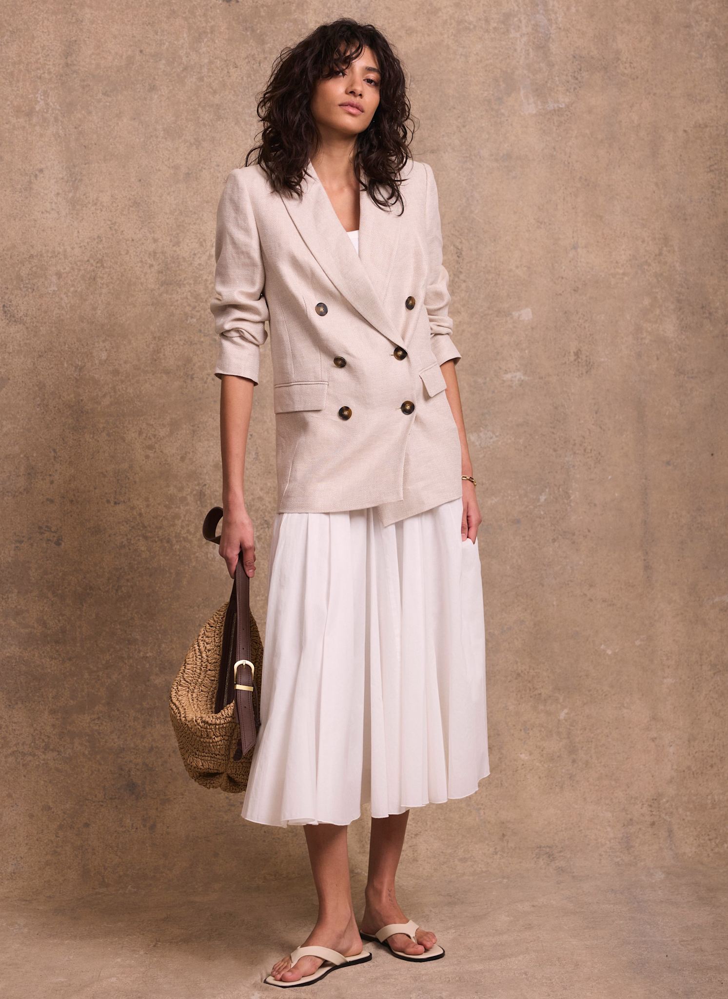 Neutral Linen Double Breasted Blazer