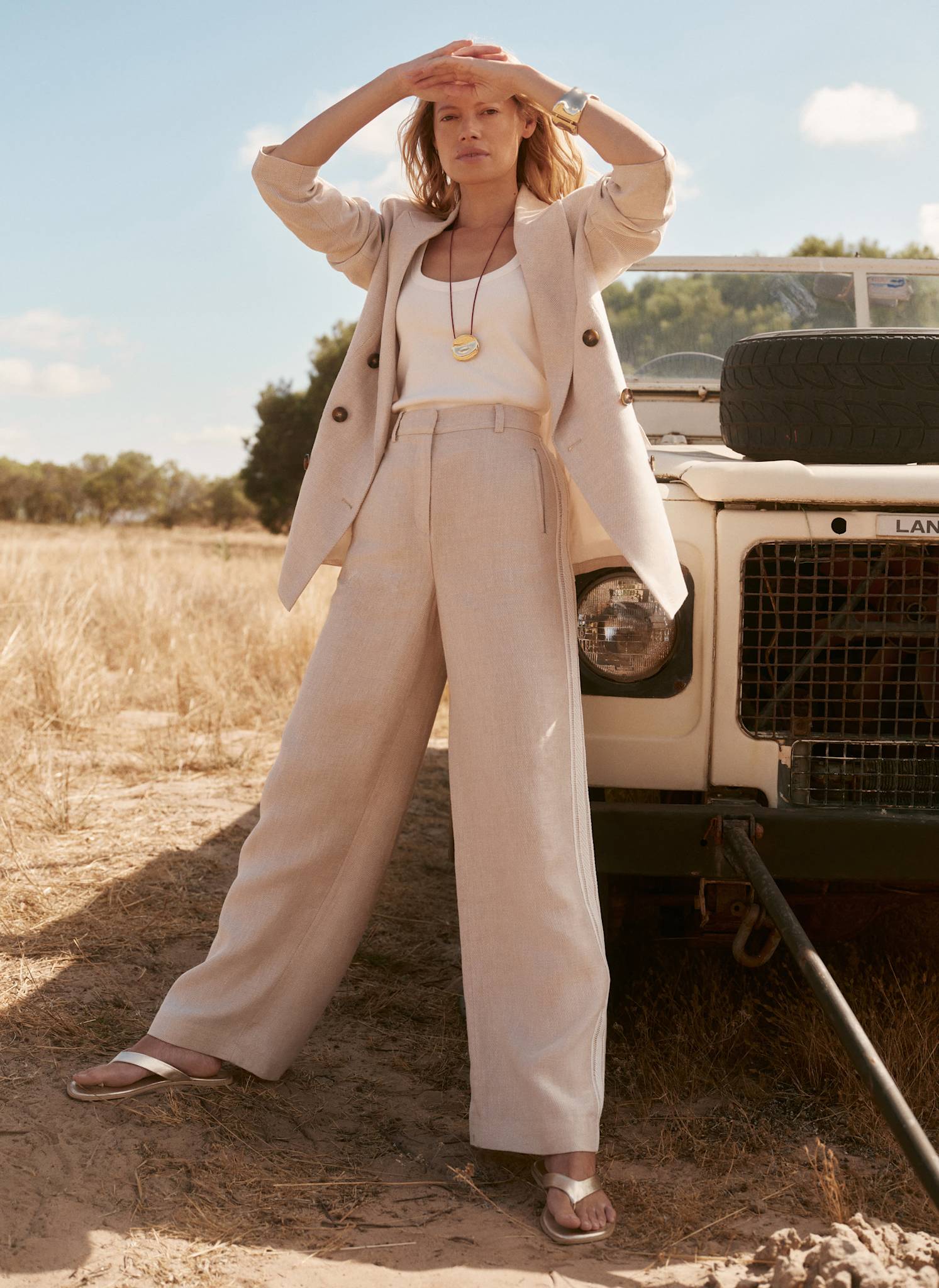 Neutral Linen Side Stripe Trousers