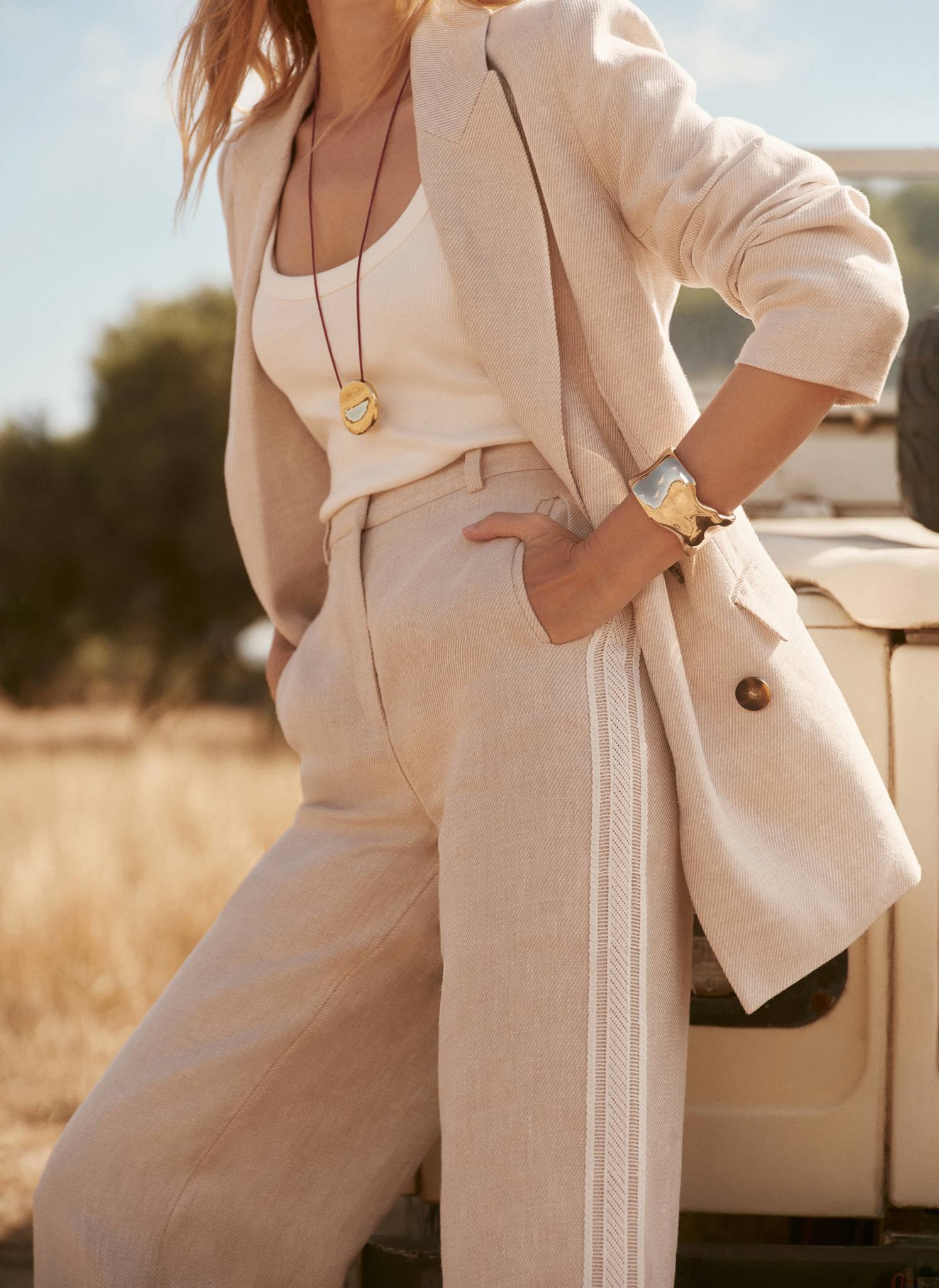 Neutral Linen Side Stripe Trousers