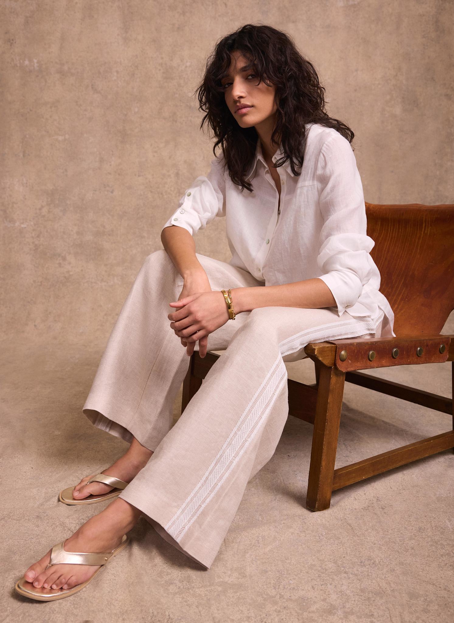 Neutral Linen Side Stripe Trousers