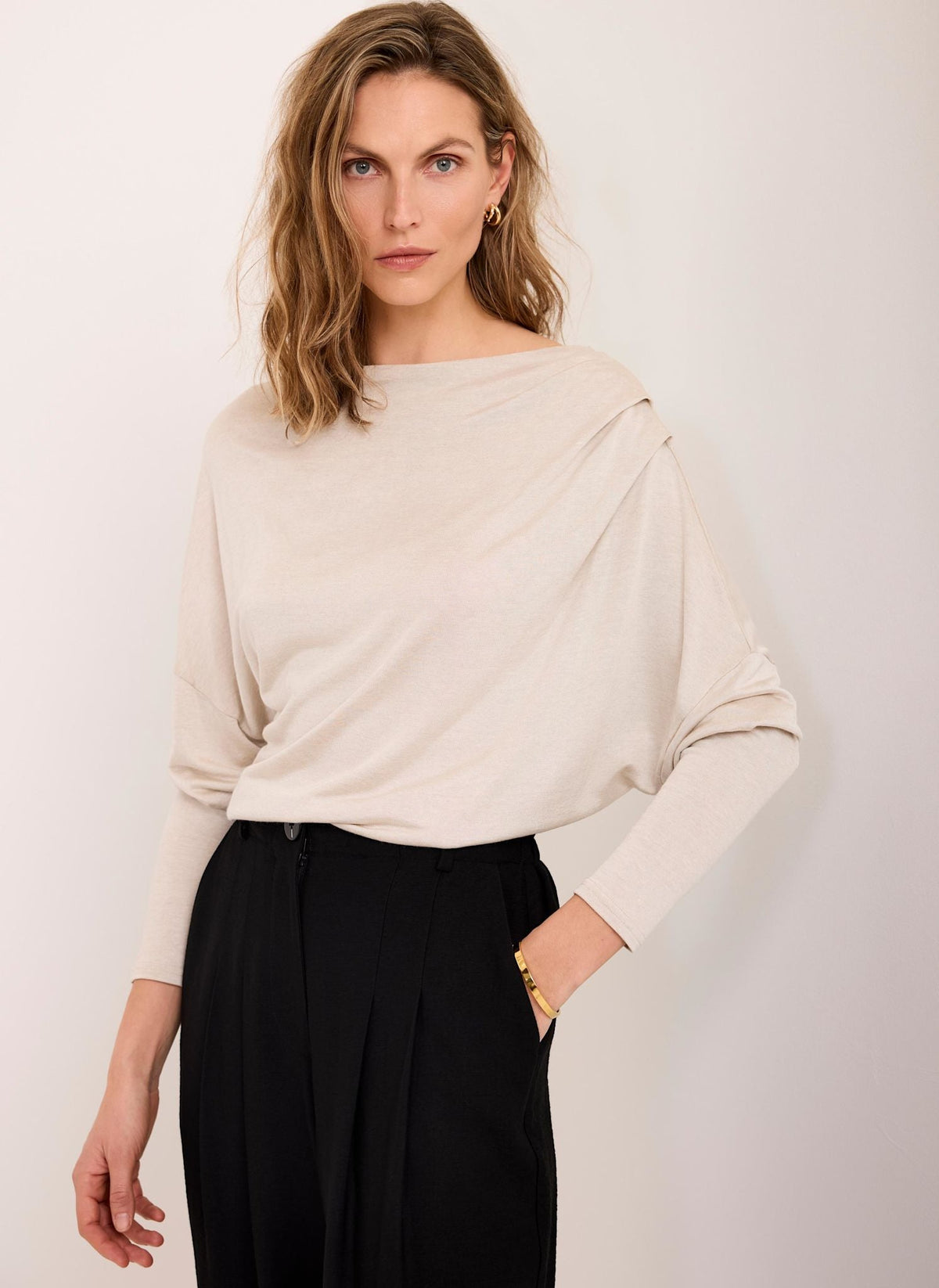 Neutral Metallic Ruched Long Sleeve Top